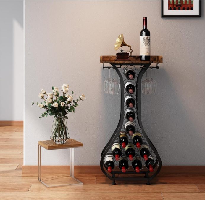 Wine Rack Freestanding Floor, Mini Bar Table Wine Holder Stand Liquor Cabinet with Glass Holder Wood Tabletop 14 Bottles Floor Wine Storage for Home Bar Kitchen Dining Living Room