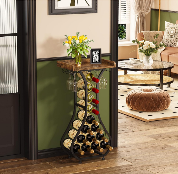Wine Rack Freestanding Floor, Mini Bar Table Wine Holder Stand Liquor Cabinet with Glass Holder Wood Tabletop 14 Bottles Floor Wine Storage for Home Bar Kitchen Dining Living Room