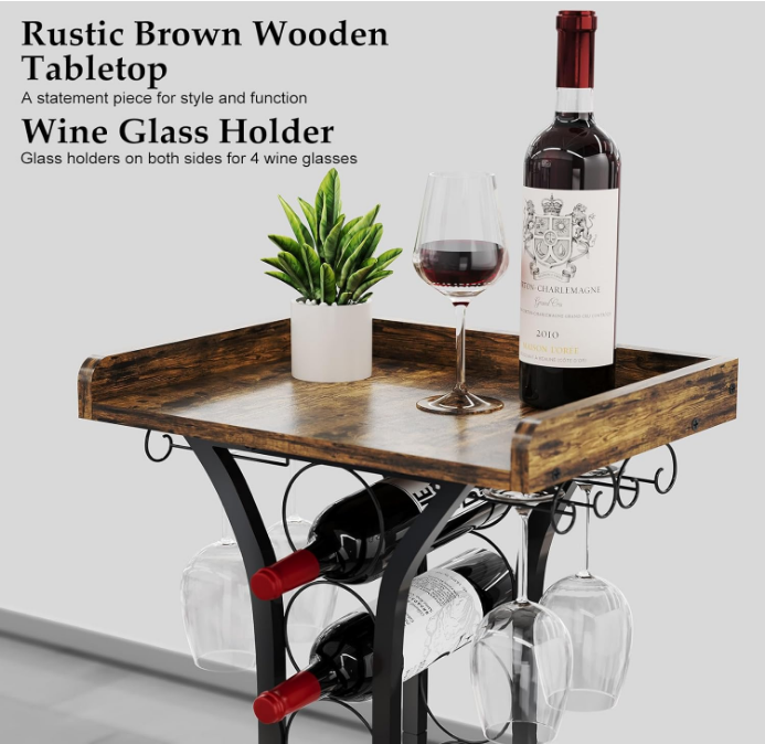 Wine Rack Freestanding Floor, Mini Bar Table Wine Holder Stand Liquor Cabinet with Glass Holder Wood Tabletop 14 Bottles Floor Wine Storage for Home Bar Kitchen Dining Living Room