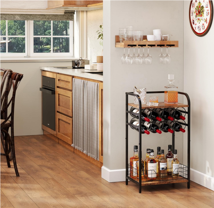 3-Tier Wine Bar Table: Small Liquor Bottle Holder with 8-Bottle Wine Rack Mini Wine Bar Cabinet Corner Whiskey Display Shelf Floor Liquor Storage Bar for Home Living Room