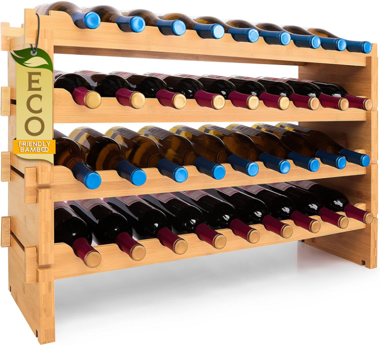 Bamboo Stackable Wine Rack, 4-Tier 36 Bottle Capacity Wine Racks Free Standing Floor, No Tools Assembly, Modular Storage Display Shelf for Kitchen and Cellar 33.5" x 10" x 21"