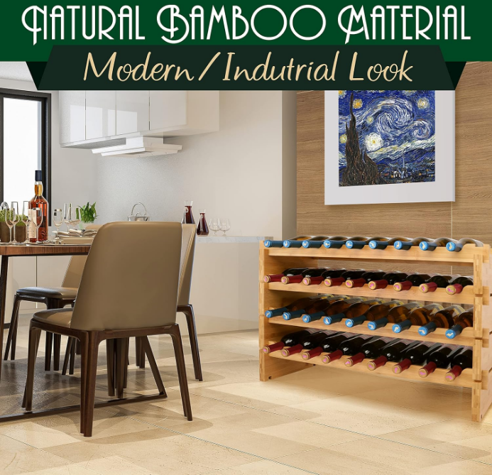 Bamboo Stackable Wine Rack, 4-Tier 36 Bottle Capacity Wine Racks Free Standing Floor, No Tools Assembly, Modular Storage Display Shelf for Kitchen and Cellar 33.5" x 10" x 21"