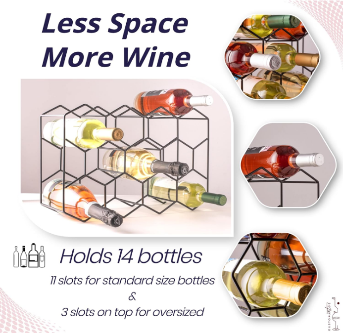 Countertop Wine Rack - 14 Bottle Freestanding Modern Black Metal Small - 3 Tier Tabletop Wine Holder Stand for Cabinet, Pantry - Wine Racks Countertop - No Assembly Required