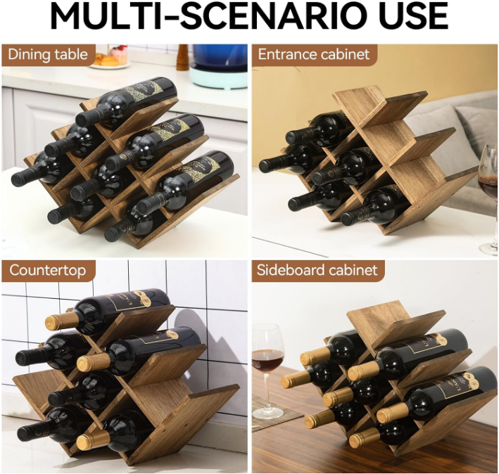 8-Bottle Countertop Wine Rack - Wine Bottle Holder for Bar Table/Wine Cabinet Free Standing - Wood 3-Tier Wine Display and Storage Shelves Dark Brown XHJJ3-DBR