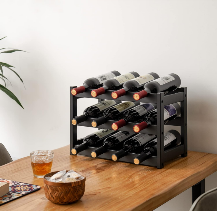 Bamboo Wine Rack, Sturdy and Durable Wine Storage Cabinet Shelf, Wine Racks Countertop for Pantry,Kitchen,3-Tier 12 Bottles Wine Rack Black