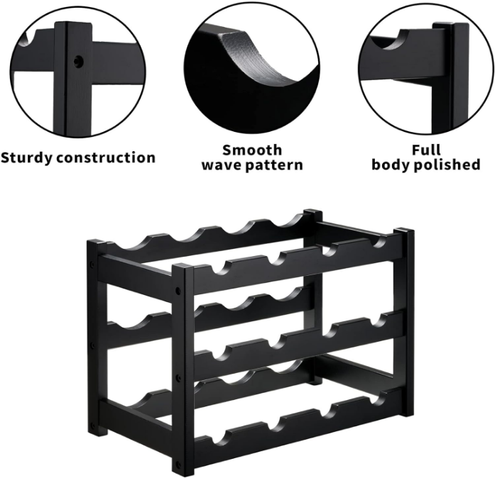 Bamboo Wine Rack, Sturdy and Durable Wine Storage Cabinet Shelf, Wine Racks Countertop for Pantry,Kitchen,3-Tier 12 Bottles Wine Rack Black