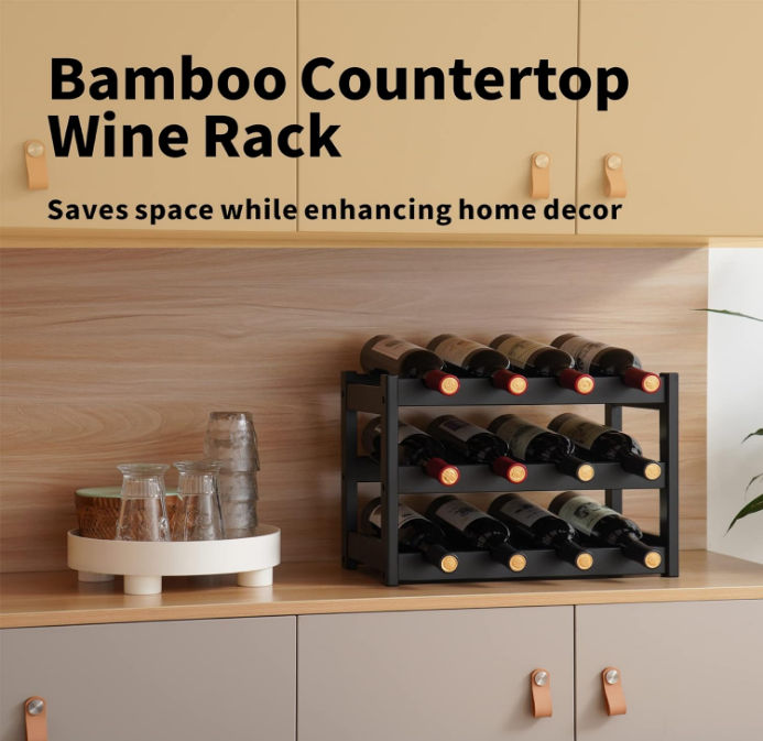 Bamboo Wine Rack, Sturdy and Durable Wine Storage Cabinet Shelf, Wine Racks Countertop for Pantry,Kitchen,3-Tier 12 Bottles Wine Rack Black