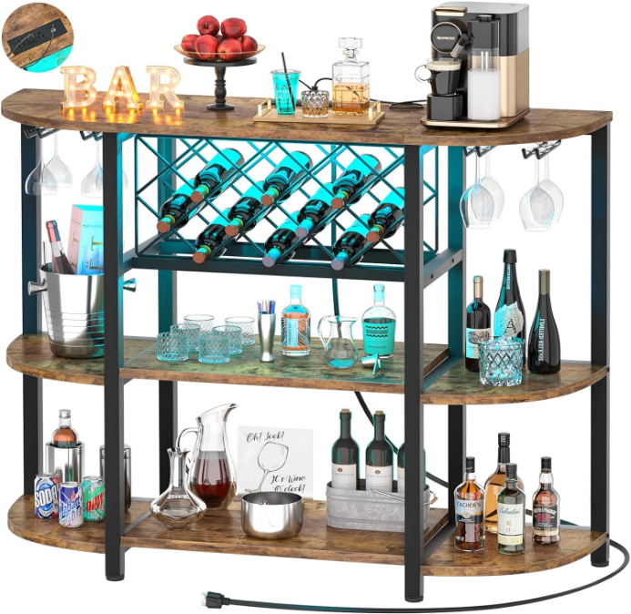 Wine Rack Table with Socket and LED Light, Floor Bar Cabinet for Liquor and Glasses, Wood Coffee Bar Cabinet with Adjustable Wine Rack, FreeStanding Sideboard and Buffet Cabinet, Rustic