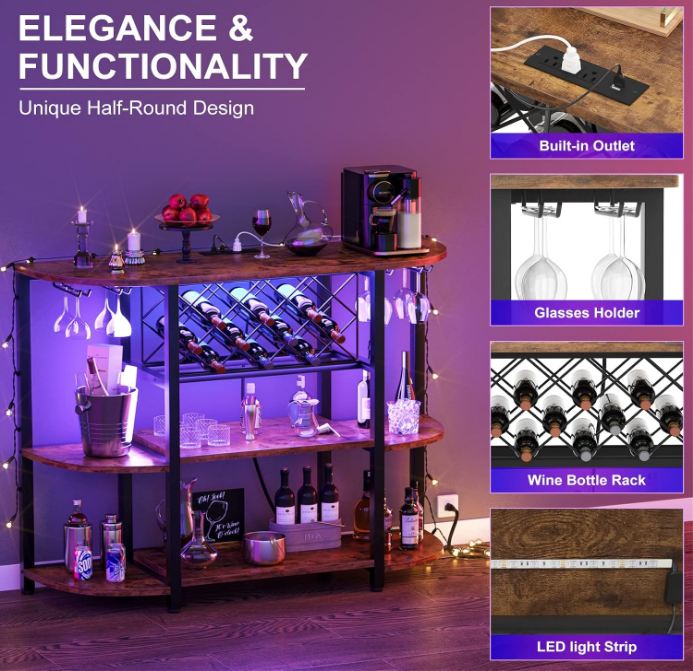 Wine Rack Table with Socket and LED Light, Floor Bar Cabinet for Liquor and Glasses, Wood Coffee Bar Cabinet with Adjustable Wine Rack, FreeStanding Sideboard and Buffet Cabinet, Rustic