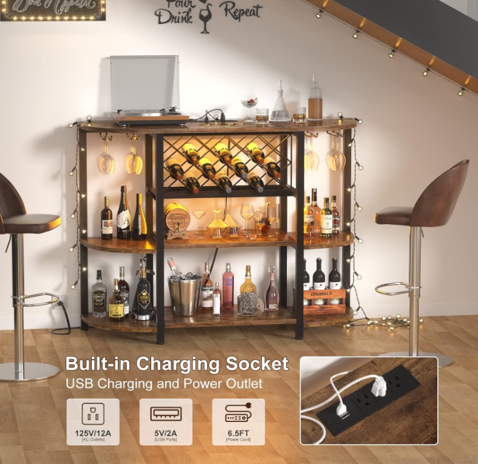 Wine Rack Table with Socket and LED Light, Floor Bar Cabinet for Liquor and Glasses, Wood Coffee Bar Cabinet with Adjustable Wine Rack, FreeStanding Sideboard and Buffet Cabinet, Rustic
