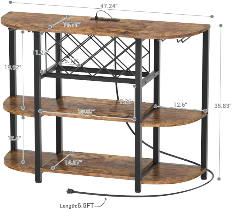 Wine Rack Table with Socket and LED Light, Floor Bar Cabinet for Liquor and Glasses, Wood Coffee Bar Cabinet with Adjustable Wine Rack, FreeStanding Sideboard and Buffet Cabinet, Rustic