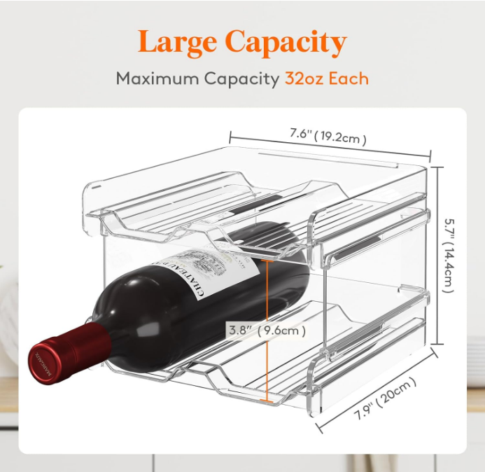  Plastic Stackable Wine Rack for Refrigerator, Cabinet, Countertop,Wine Bottle Holder, Water Bottle Organizer for Fridge, Pantry, Hold 4 Bottles