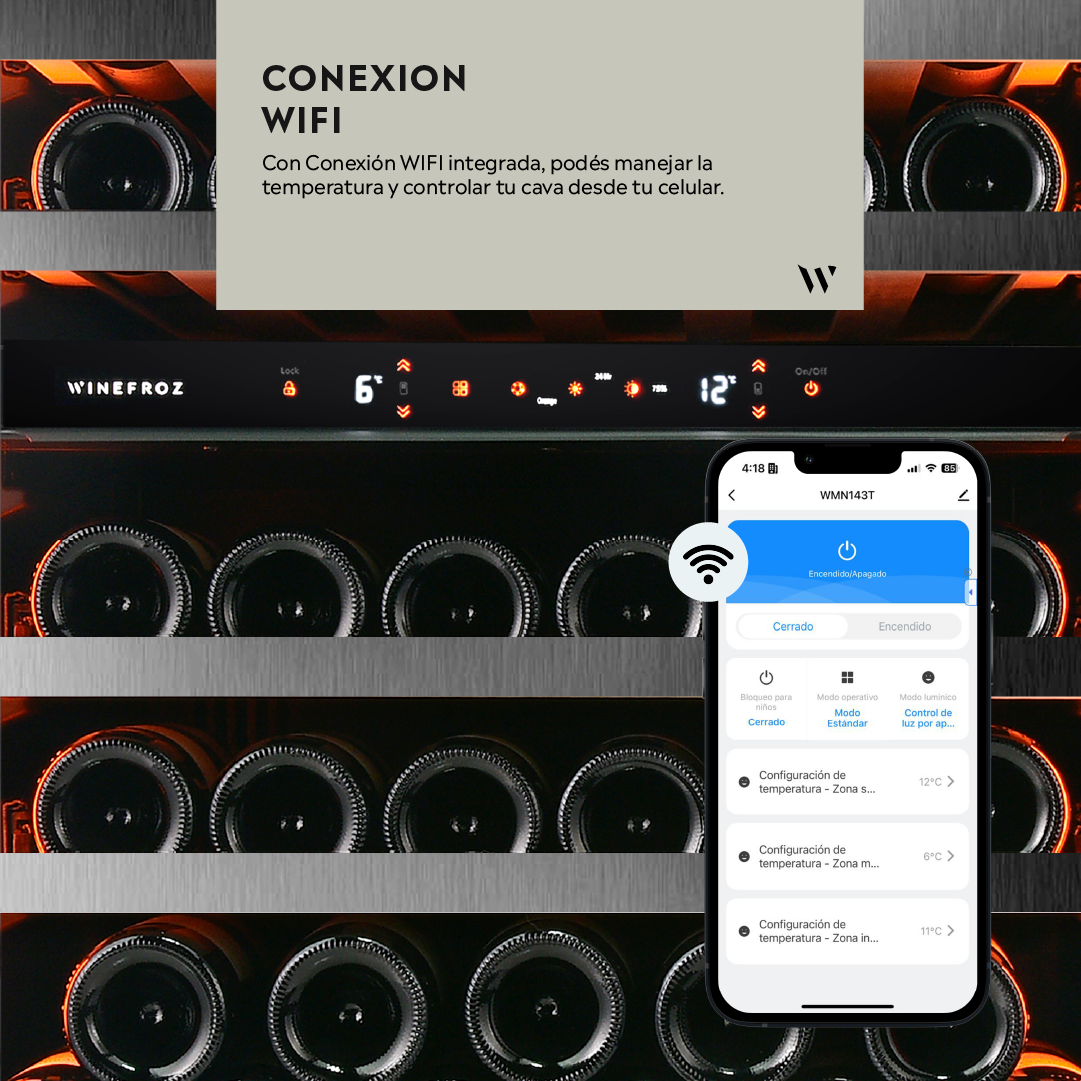 Cava Winefroz Wifi Luxury Edition Acero Inoxidable Negro Para 119 Botellas - Triple Temperatura