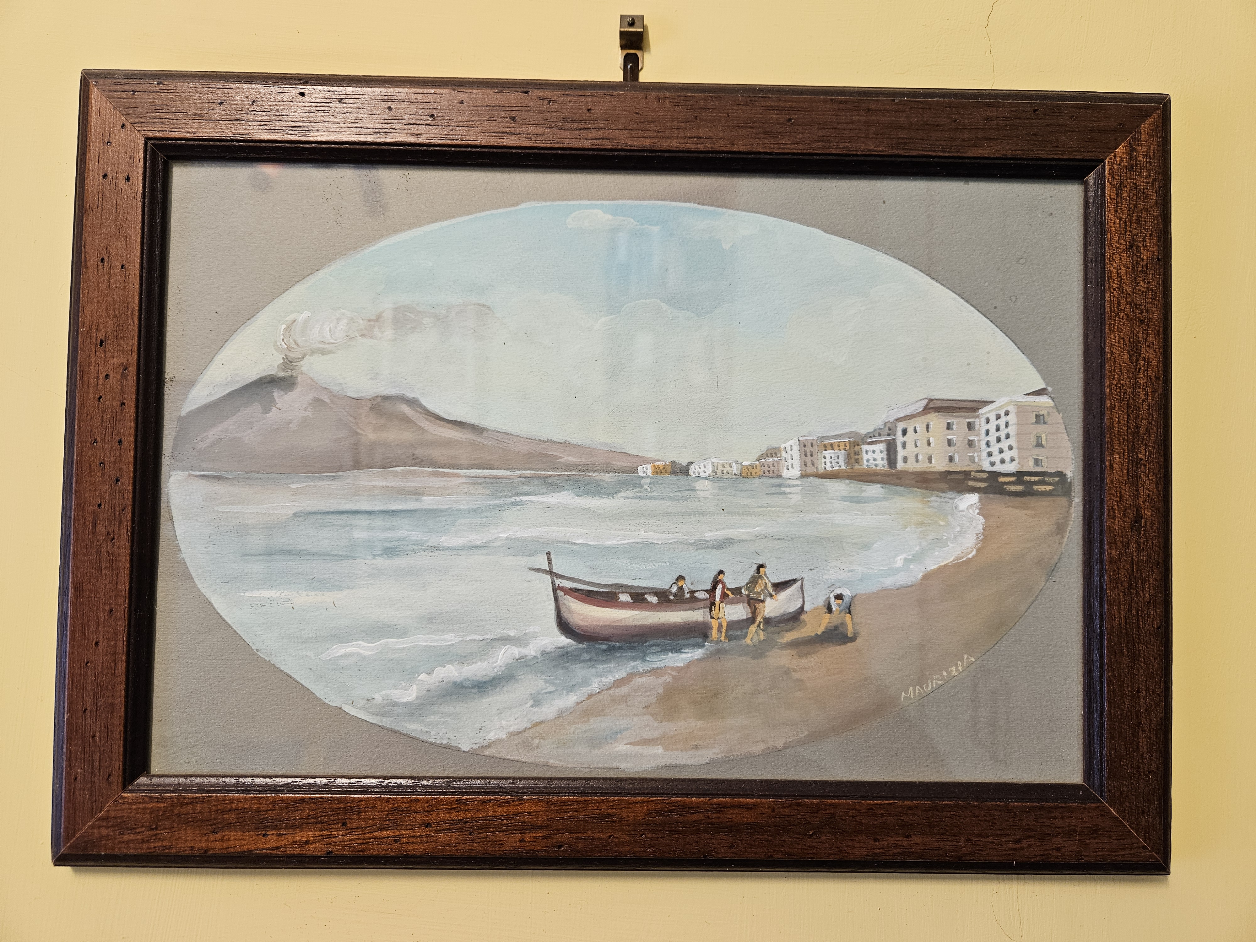 Veduta di Napoli con Vesuvio - Dipinto Originale Incorniciato