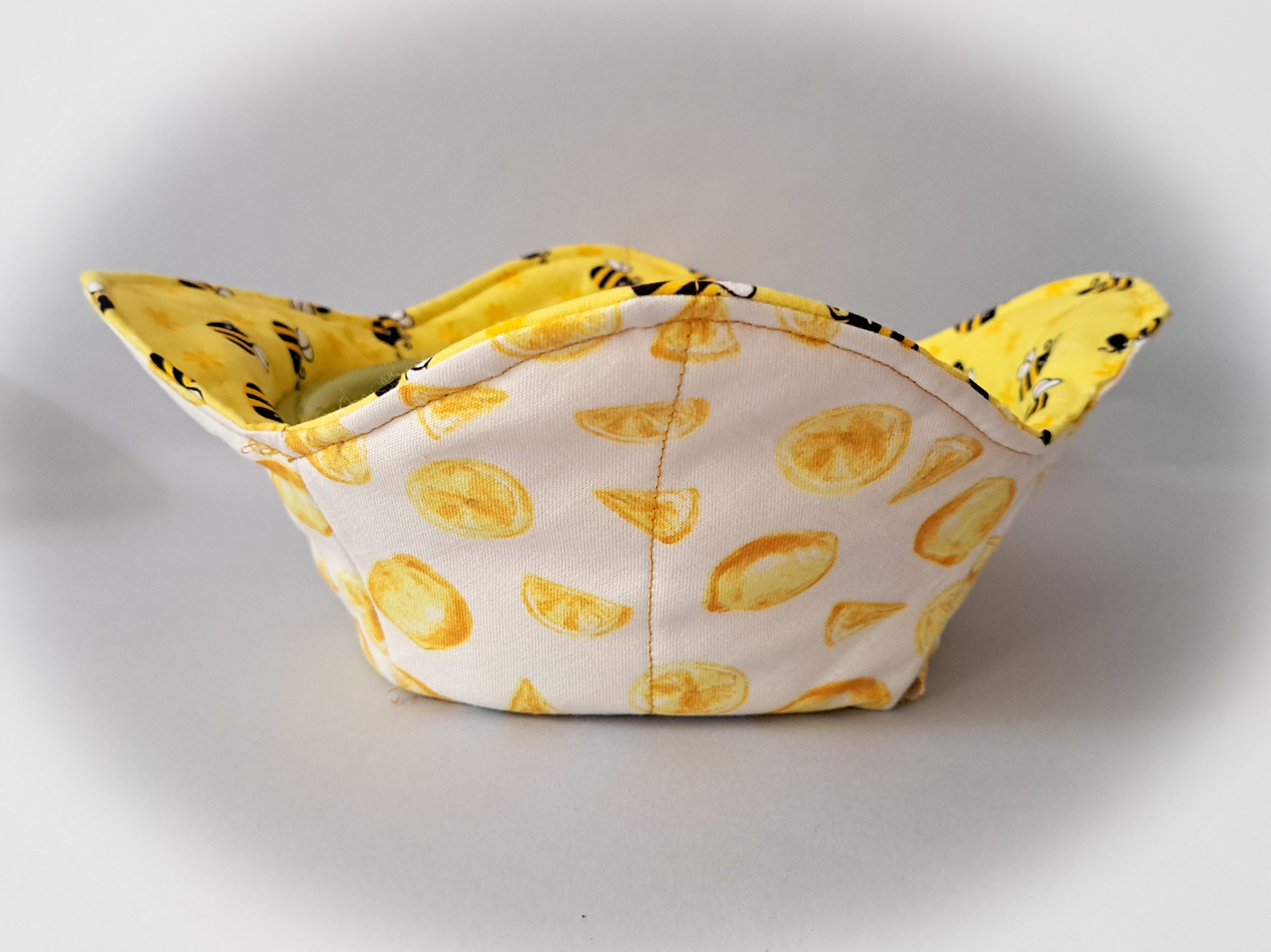 Handmade Reversible Microwave Set of 2 Bowl Cozies - Bumble Bees and Lemons Fabrics
