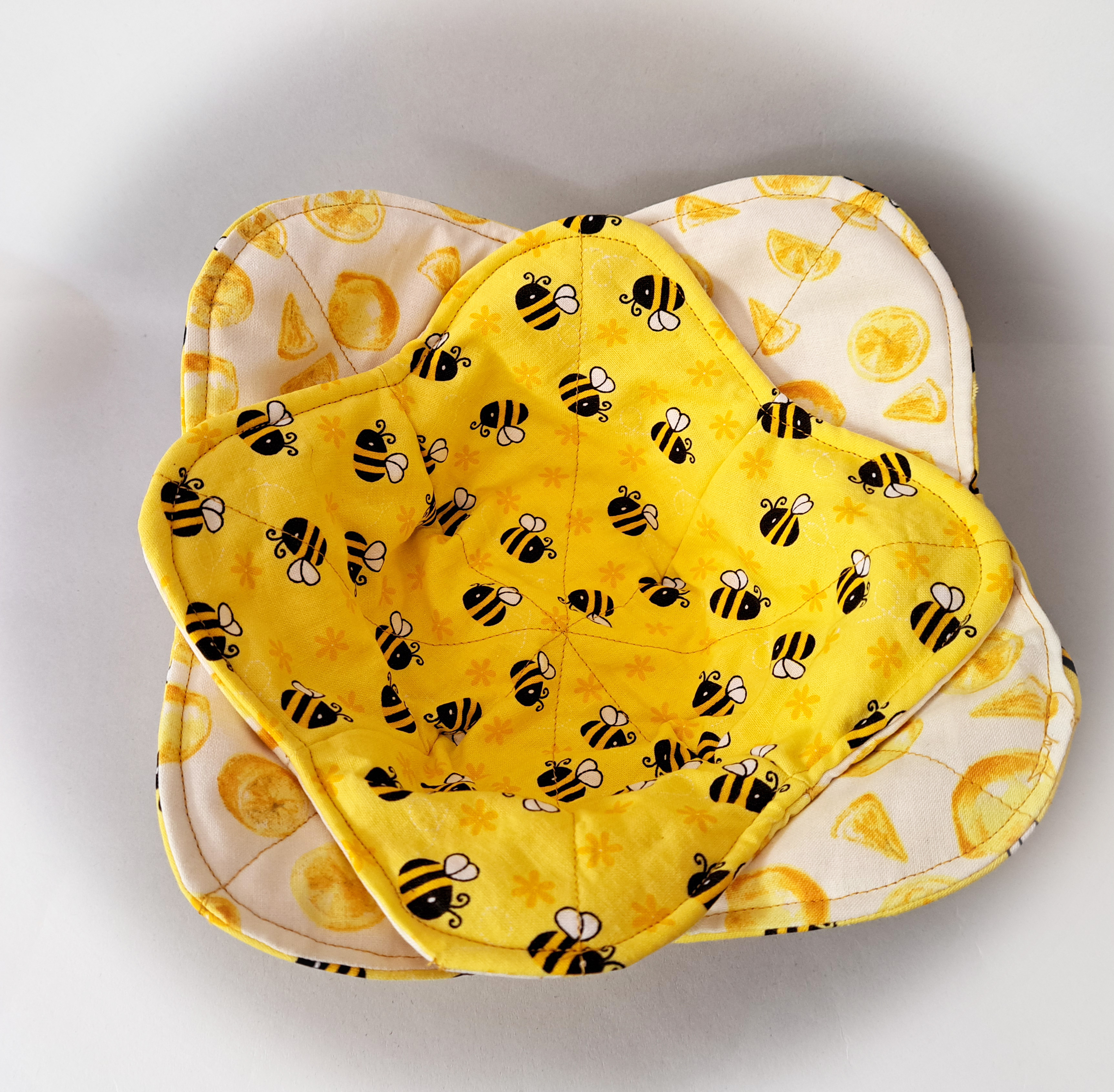 Handmade Reversible Microwave Set of 2 Bowl Cozies - Bumble Bees and Lemons Fabrics