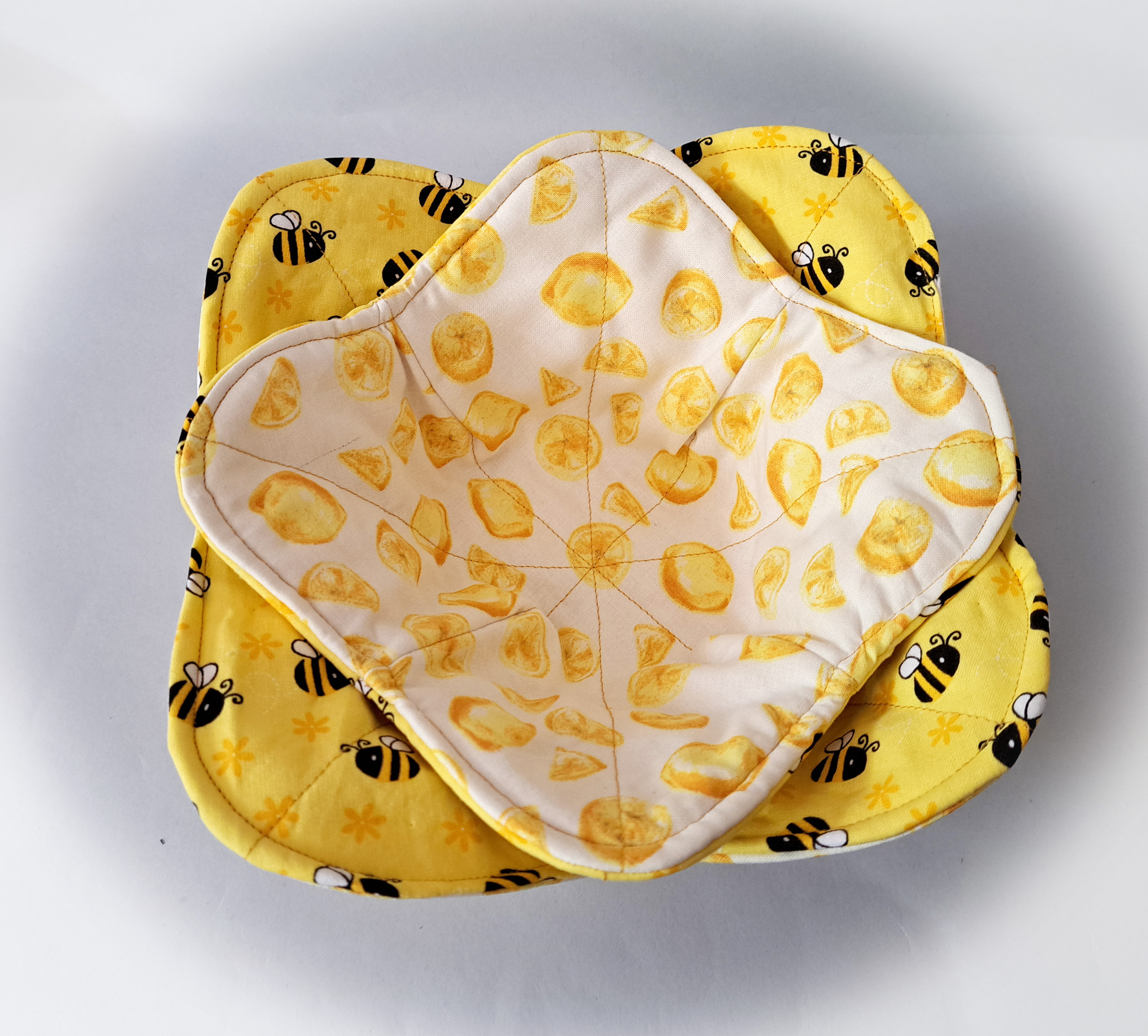 Handmade Reversible Microwave Set of 2 Bowl Cozies - Bumble Bees and Lemons Fabrics