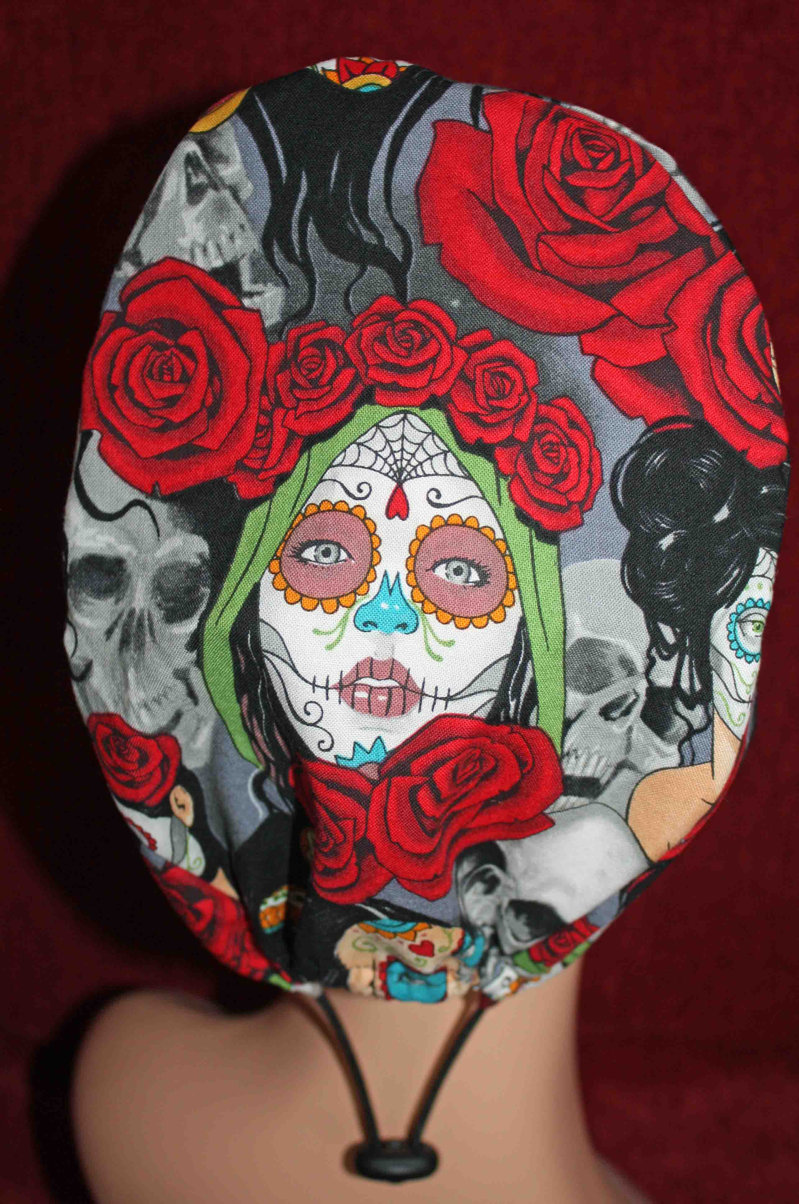 Handmade Day of the Dead Pinup with Red Roses Surgical/Scrub Cap
