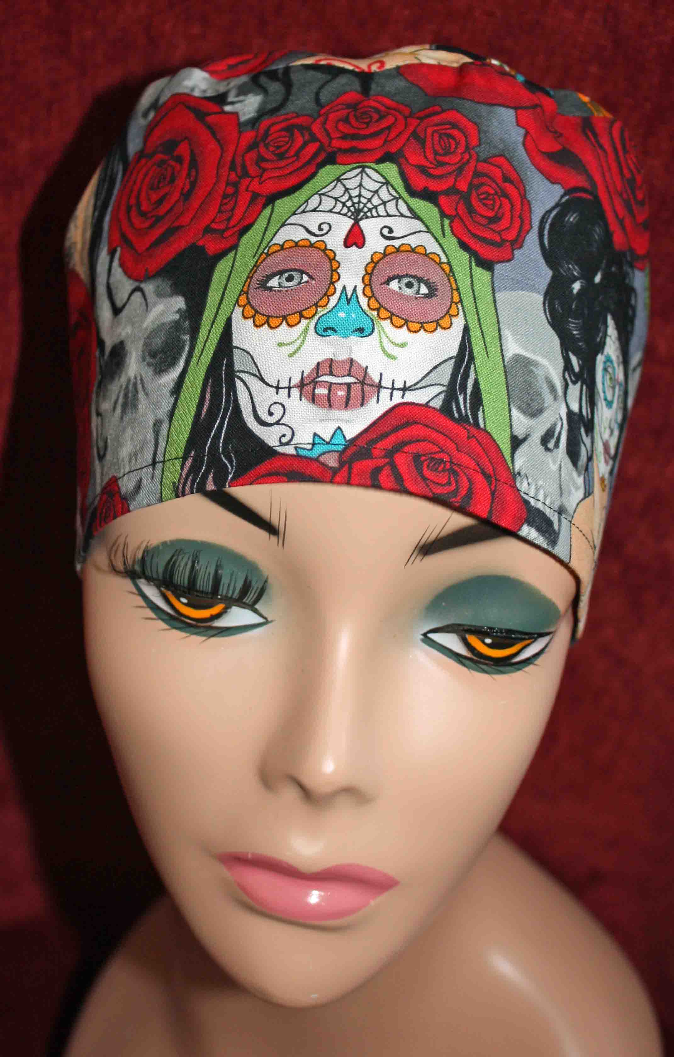 Handmade Day of the Dead Pinup with Red Roses Surgical/Scrub Cap