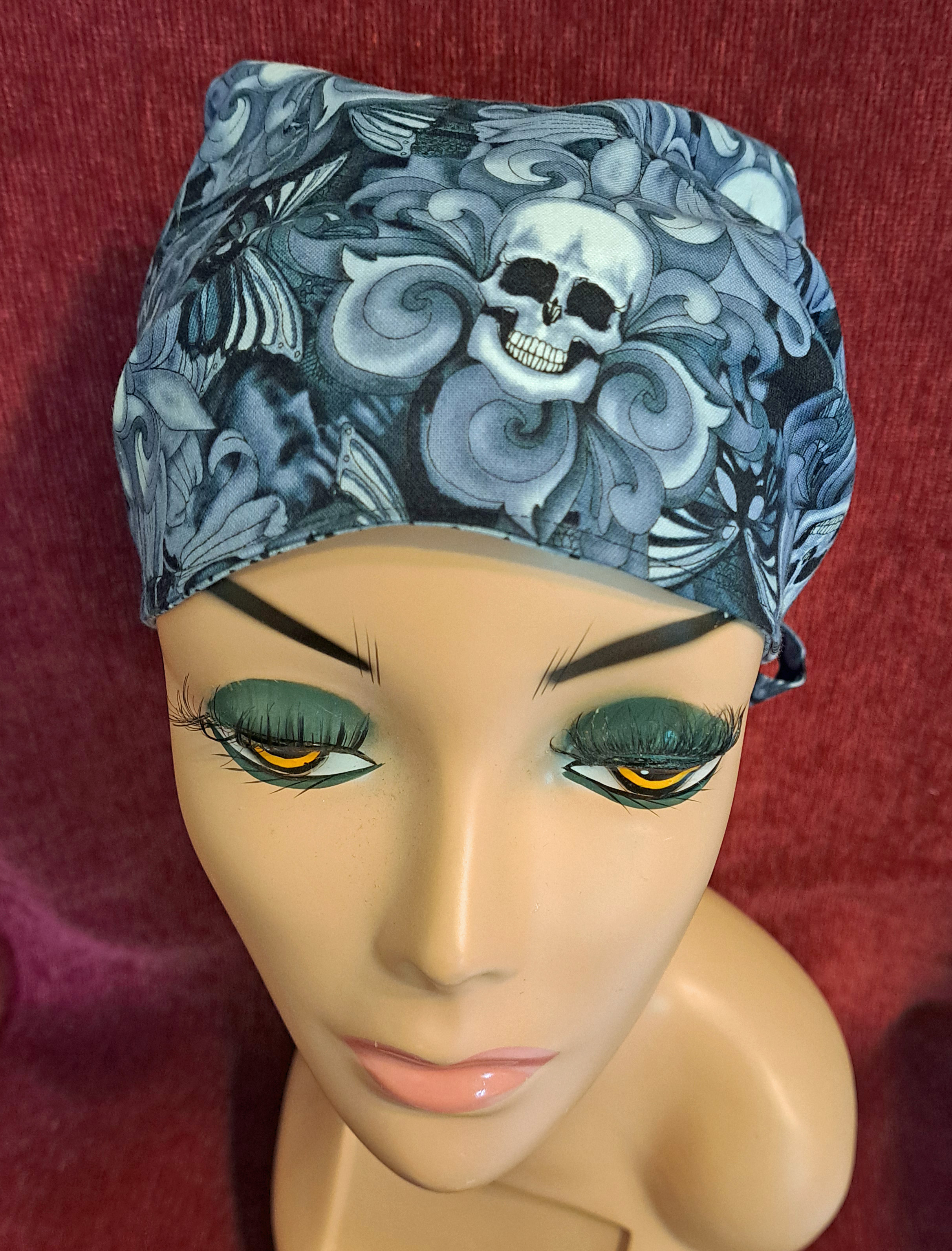 Handmade Reversible Pony Tail Scrub Cap - Gray Skull Fabric Reverses to Gray and Black Dot Fabric