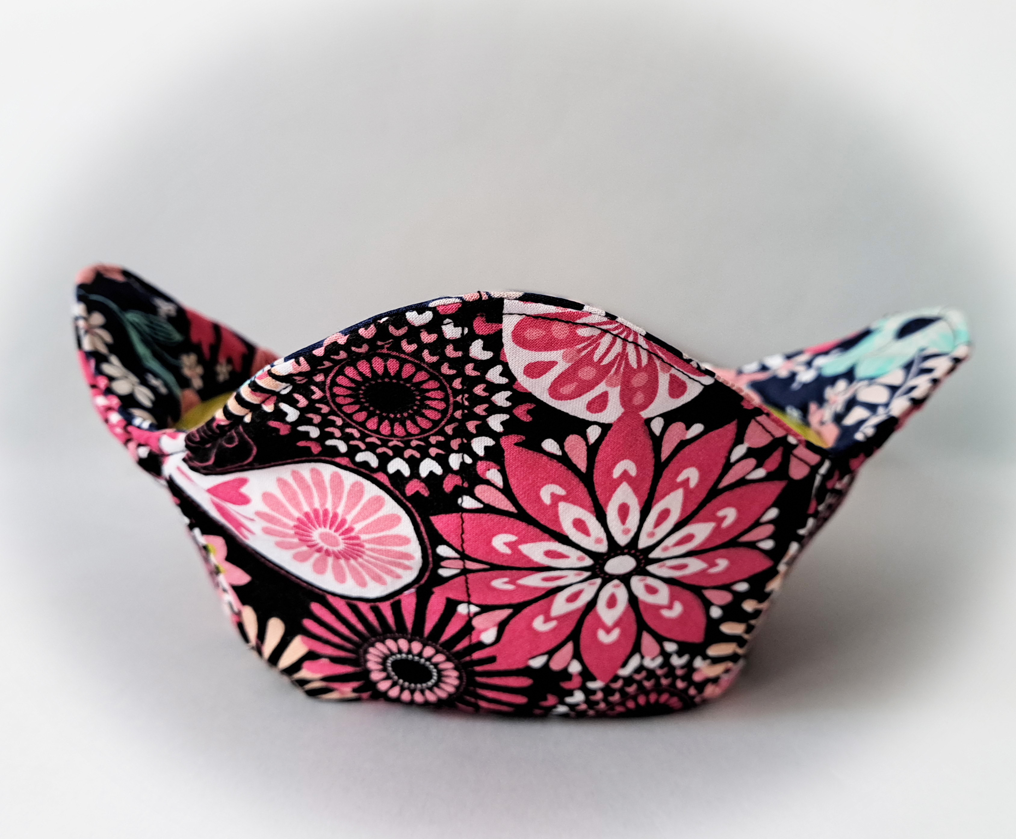 Handmade Microwave Set of 2 Bowl Cozies - Pink Flower Fabric Reverses to Blue Flower Fabric