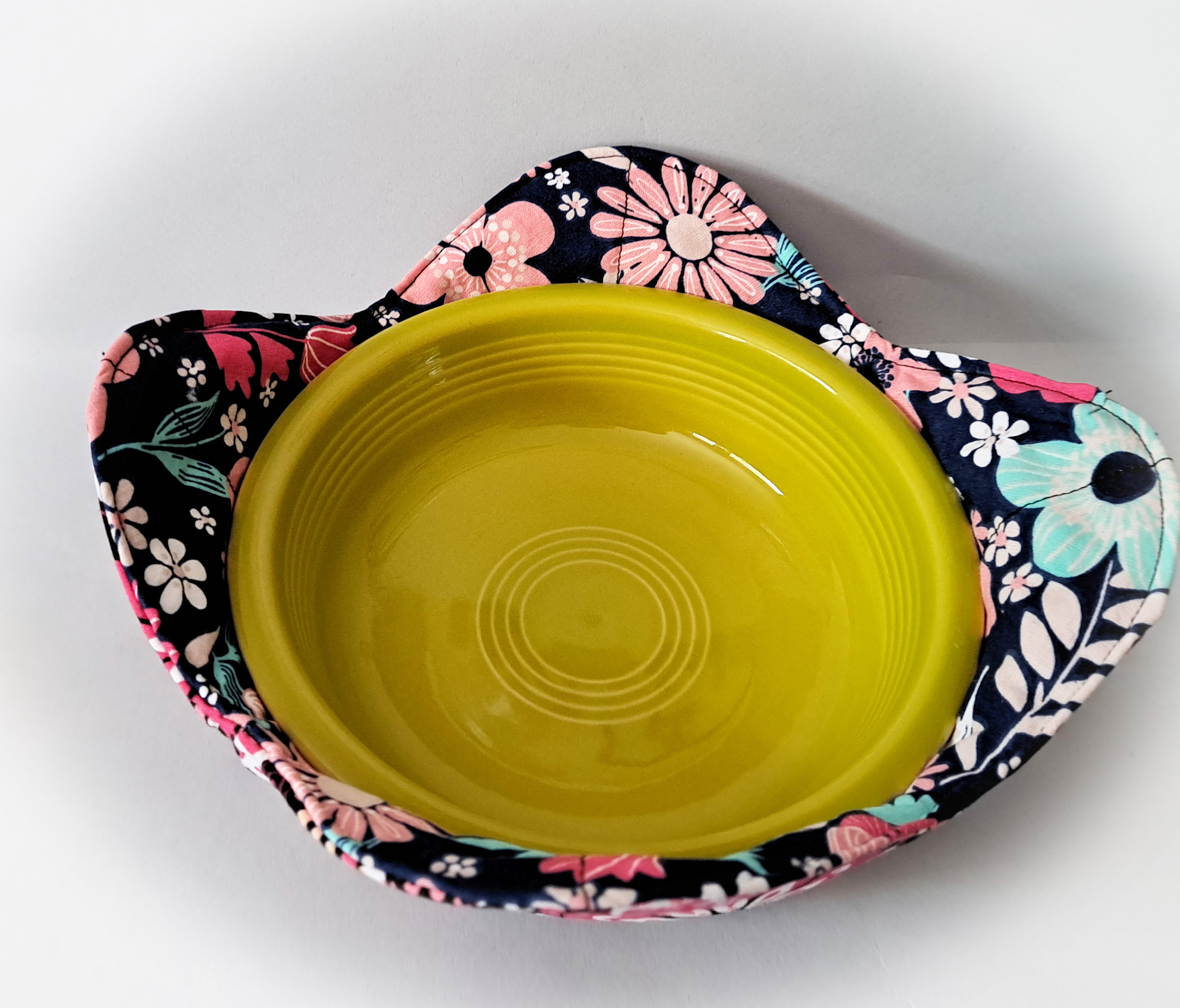 Handmade Microwave Set of 2 Bowl Cozies - Pink Flower Fabric Reverses to Blue Flower Fabric