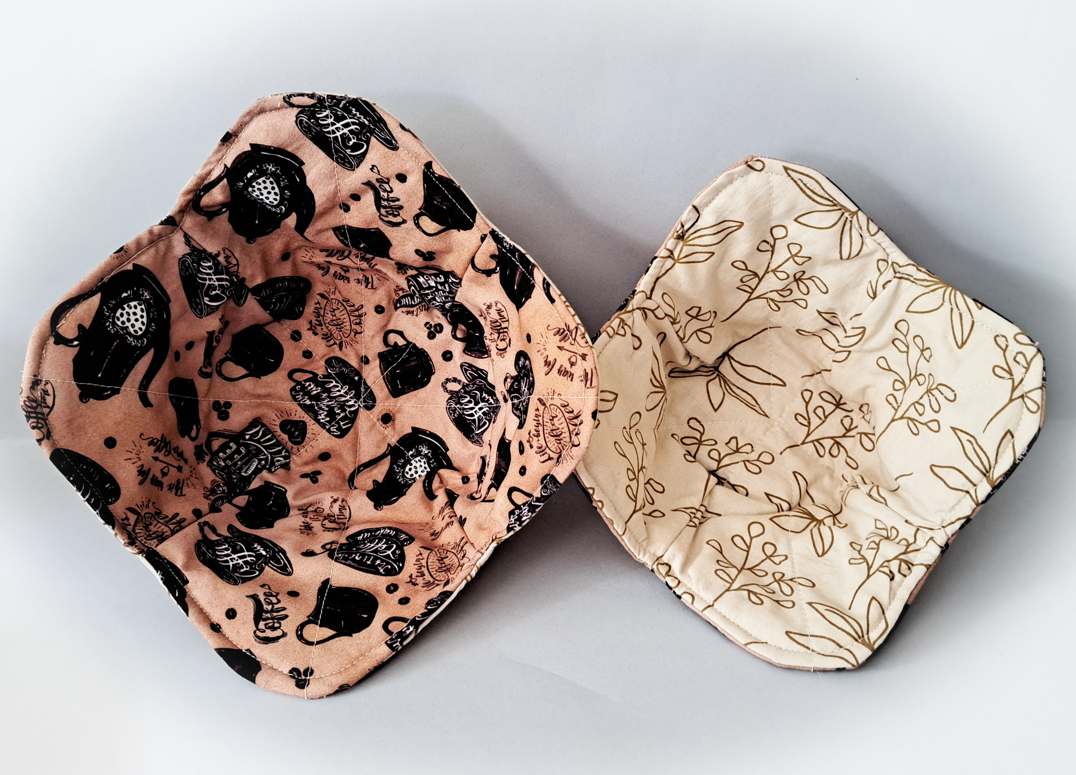 Handmade Reversible Microwave Set of 2 Bowl Cozies - More Coffee Please Reverses to Leaf Fabric