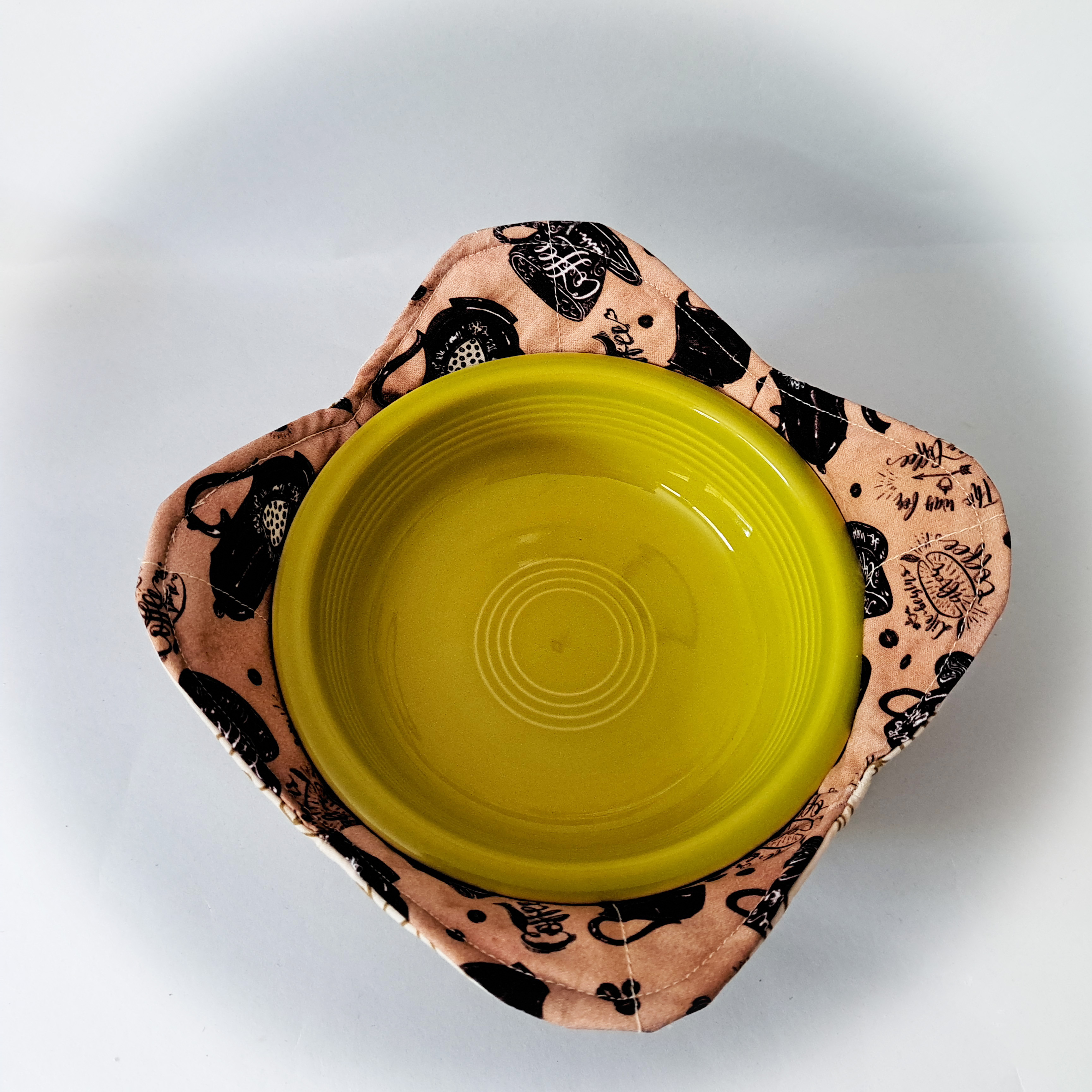 Handmade Reversible Microwave Set of 2 Bowl Cozies - More Coffee Please Reverses to Leaf Fabric
