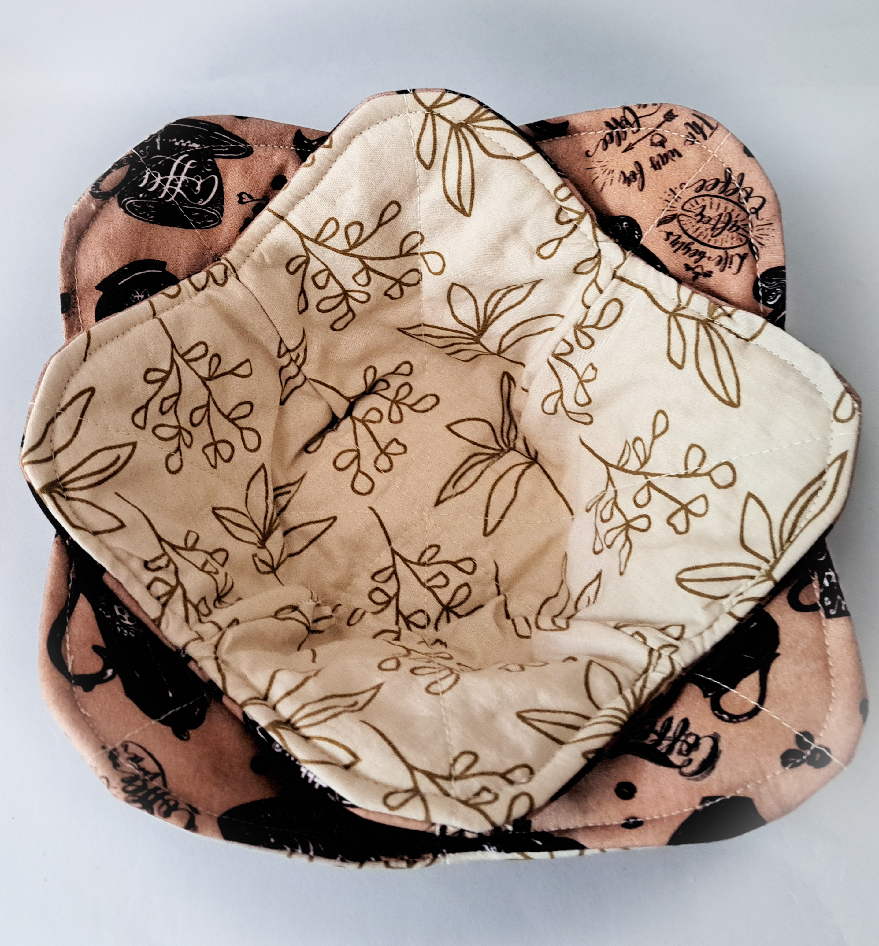Handmade Reversible Microwave Set of 2 Bowl Cozies - More Coffee Please Reverses to Leaf Fabric