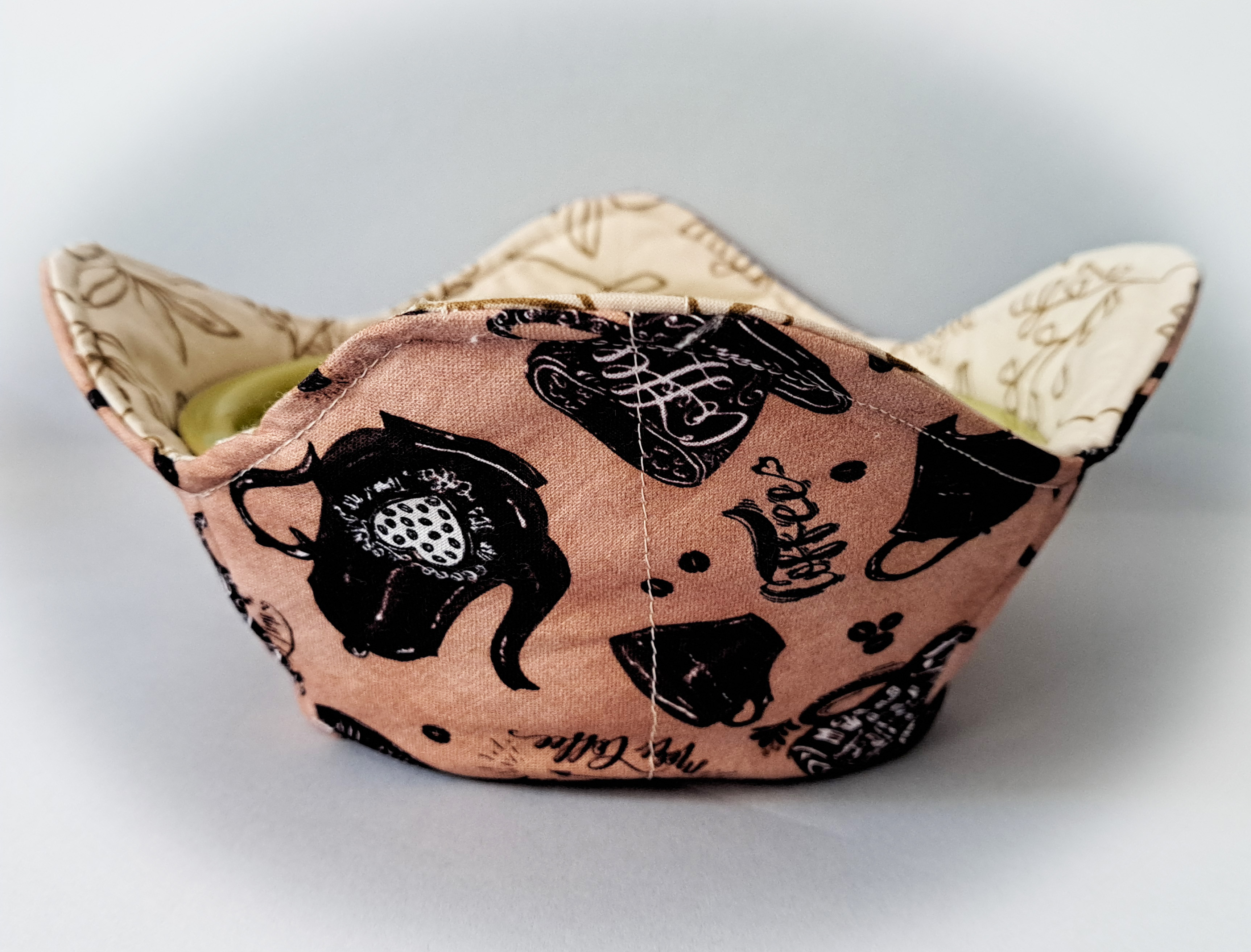 Handmade Reversible Microwave Set of 2 Bowl Cozies - More Coffee Please Reverses to Leaf Fabric