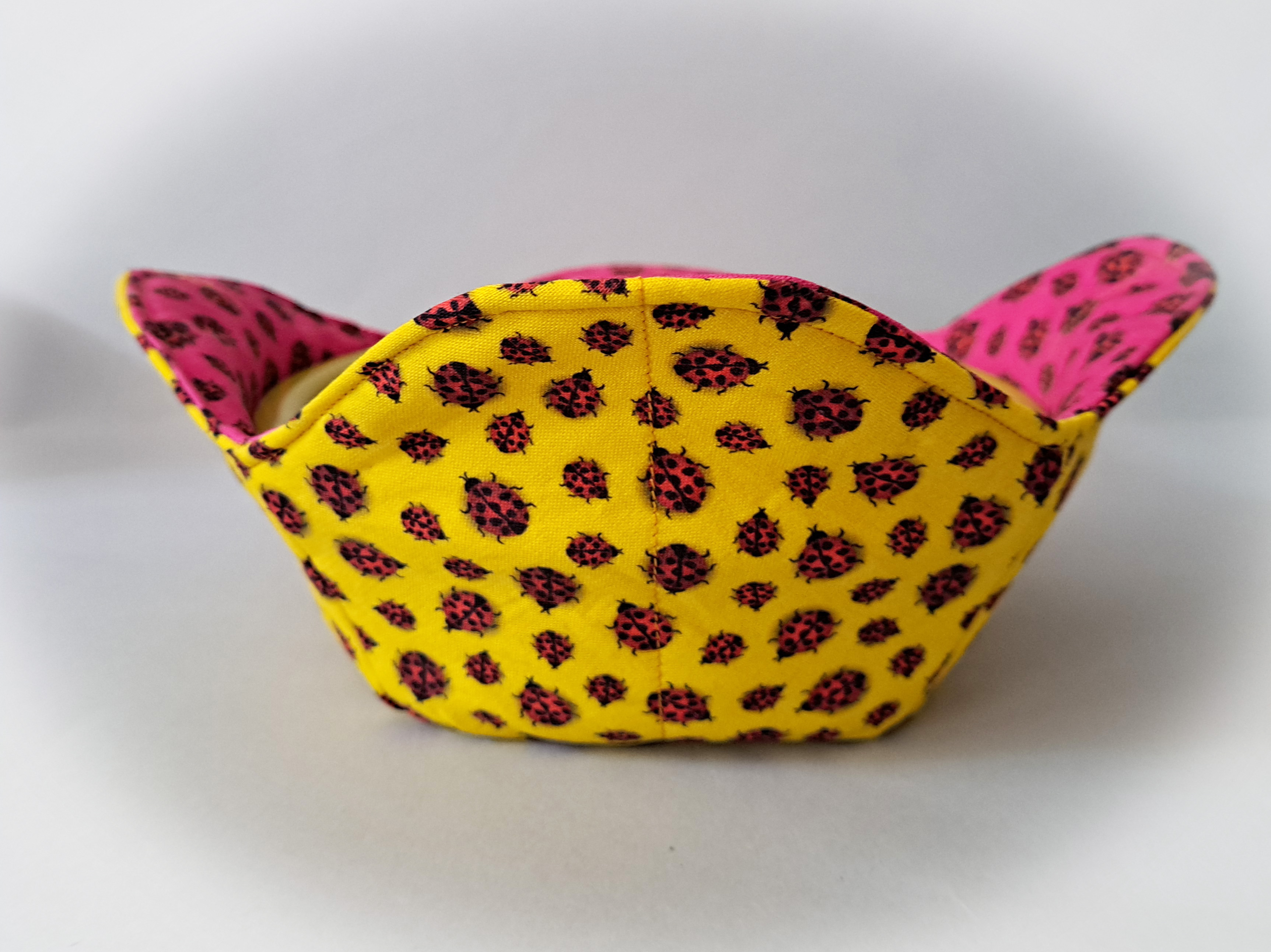 Handmade Reversible Microwave Set of 2 Bowl Cozies - Pink and Yellow LadyBug Fabrics