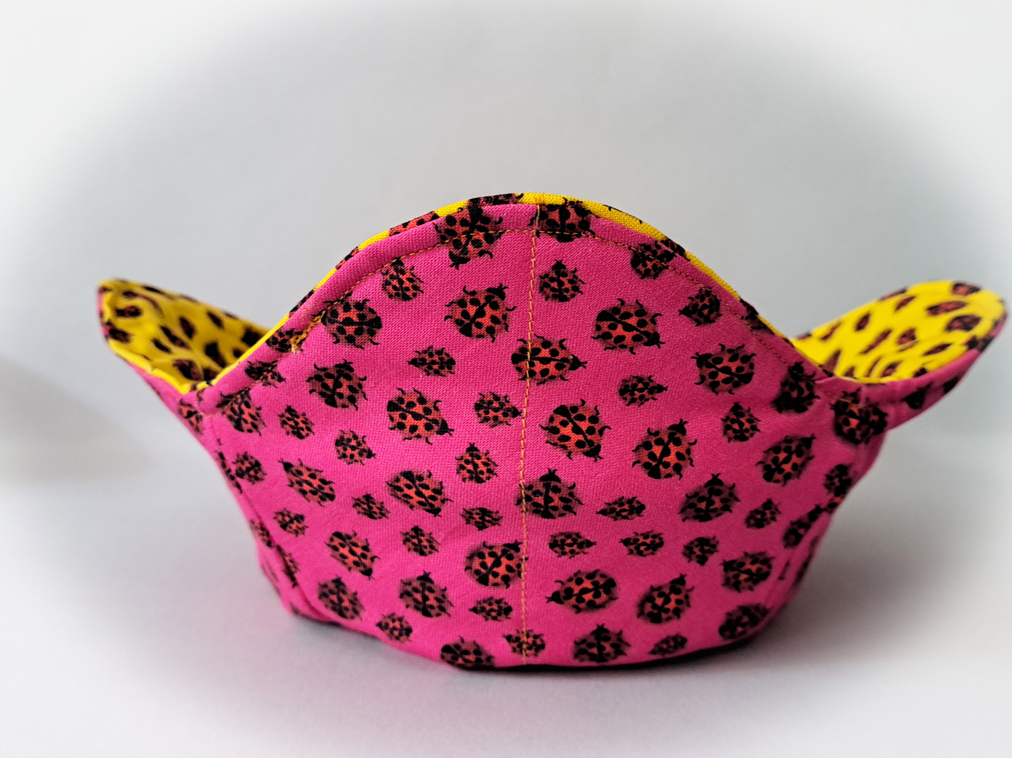 Handmade Reversible Microwave Set of 2 Bowl Cozies - Pink and Yellow LadyBug Fabrics