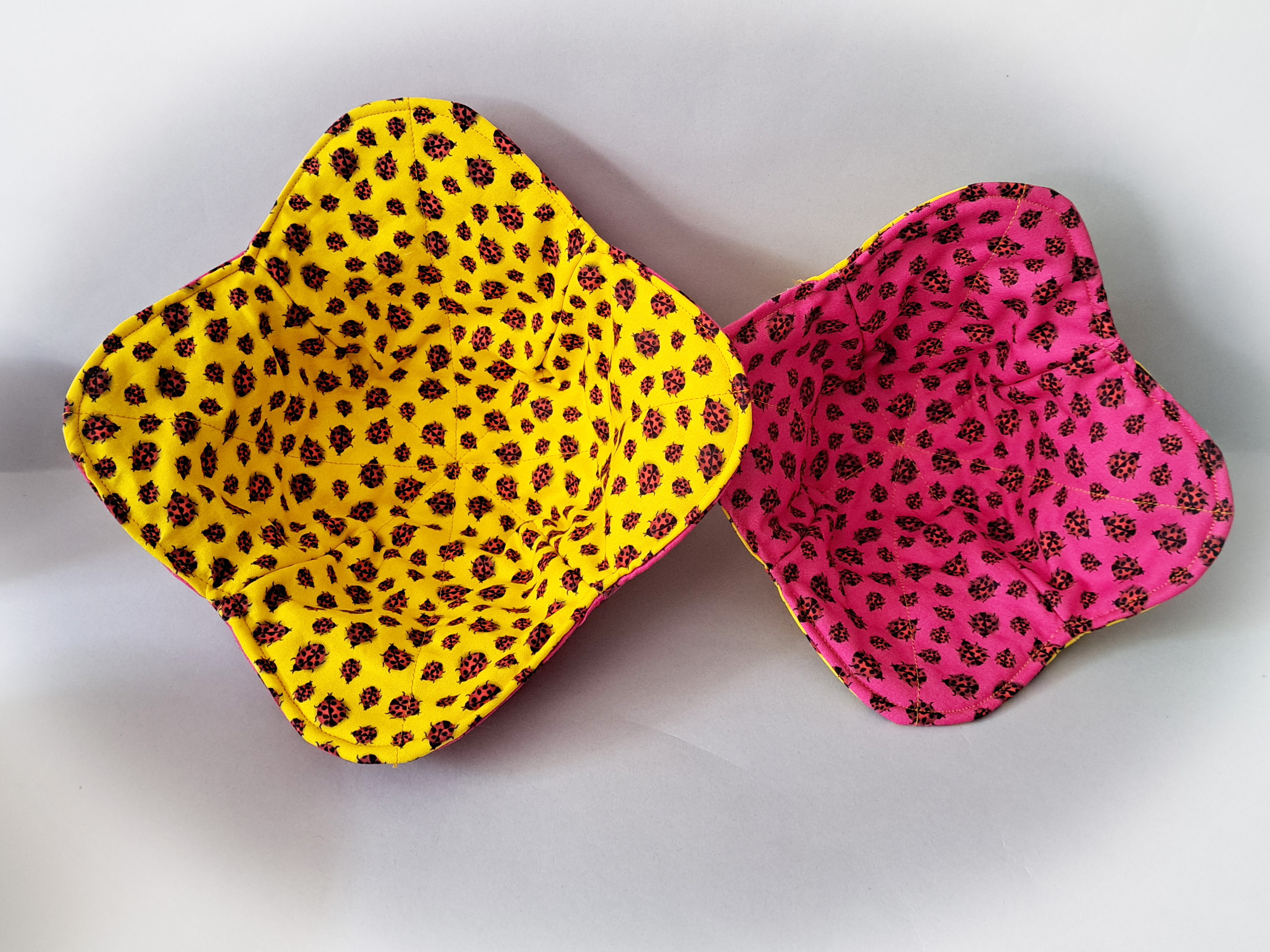Handmade Reversible Microwave Set of 2 Bowl Cozies - Pink and Yellow LadyBug Fabrics