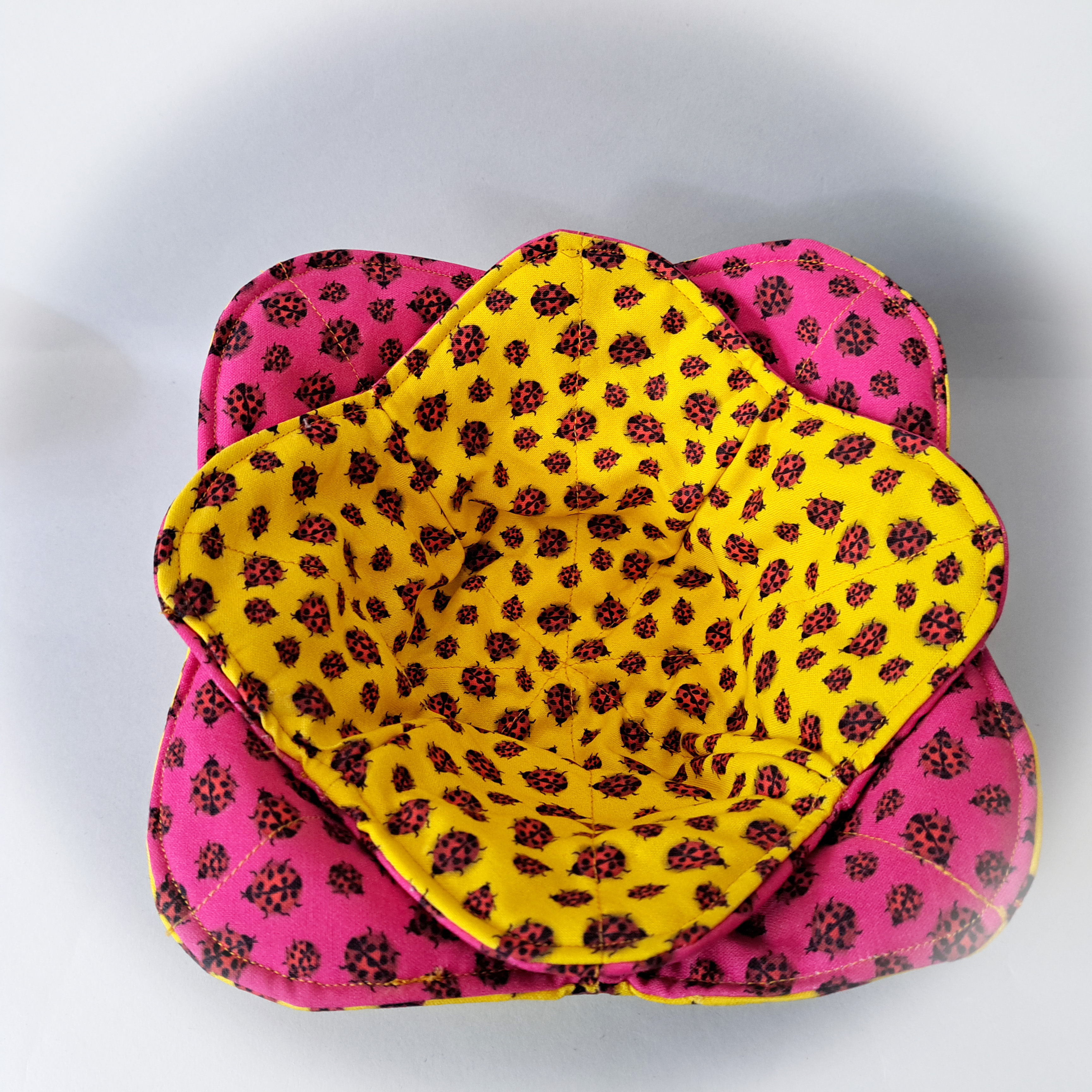Handmade Reversible Microwave Set of 2 Bowl Cozies - Pink and Yellow LadyBug Fabrics