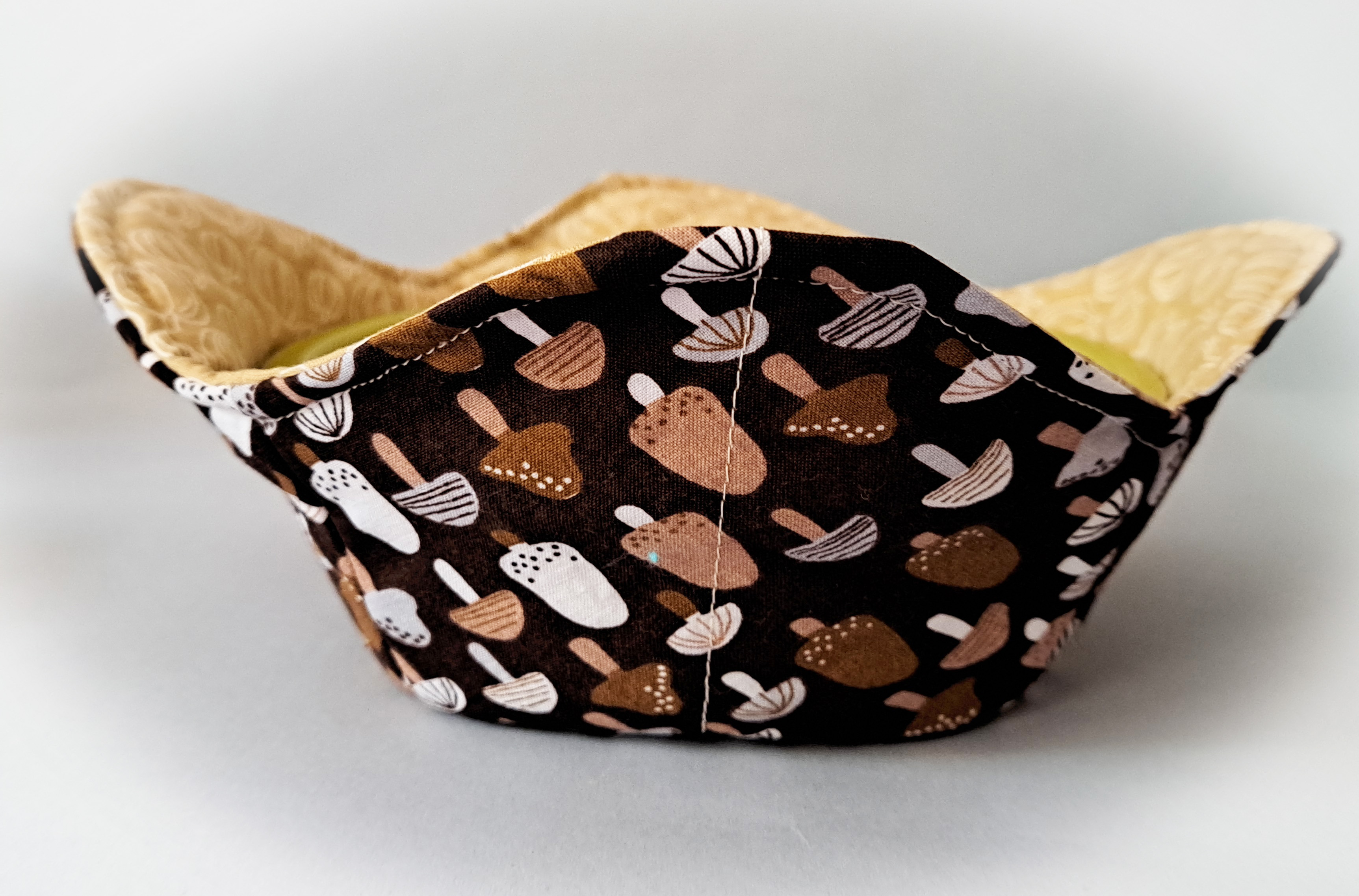 Handmade Reversible Microwave Set of 2 Bowl Cozies - Mushrooms Fabric Reverse to Leaf Fabric