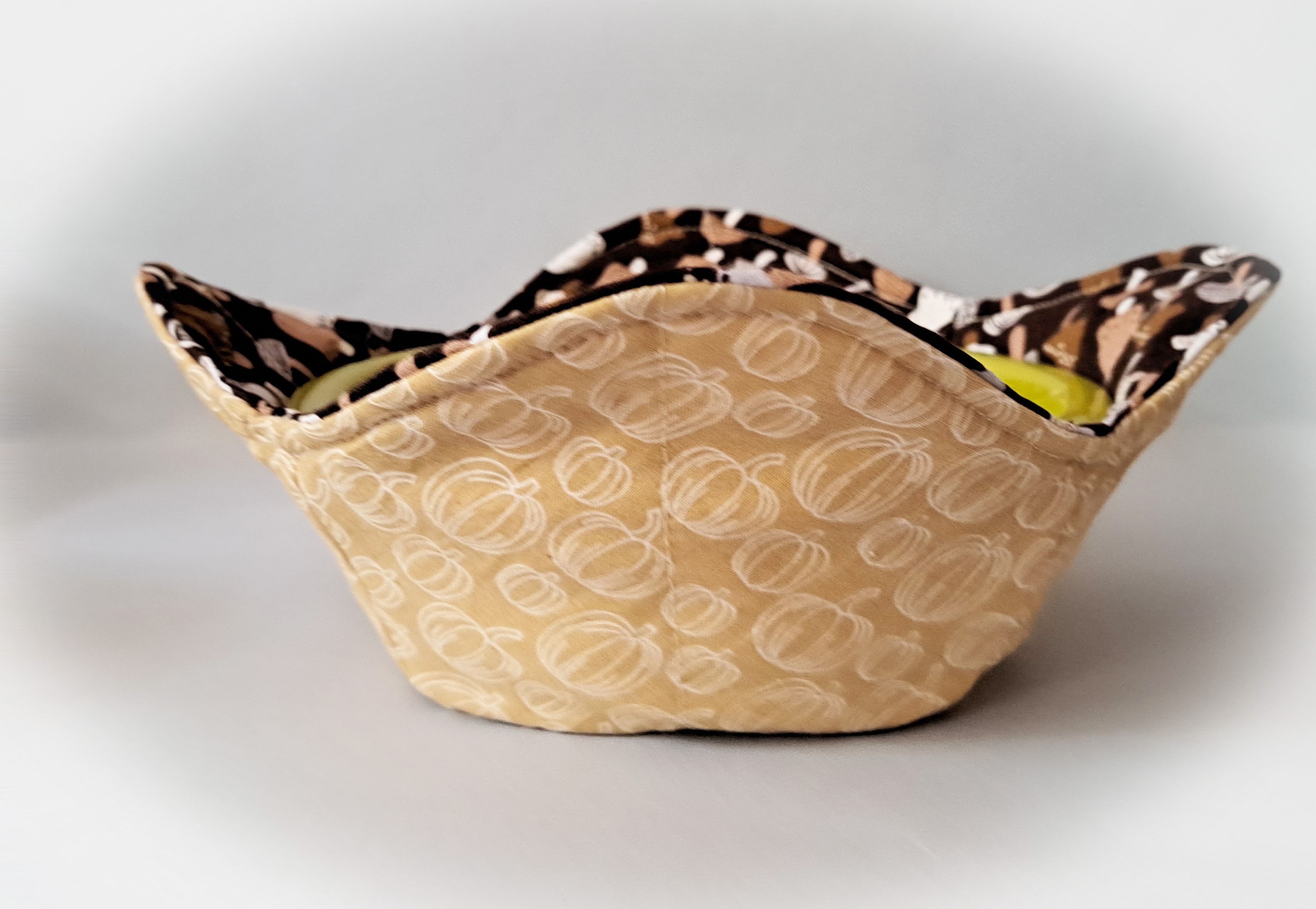Handmade Reversible Microwave Set of 2 Bowl Cozies - Mushrooms Fabric Reverse to Leaf Fabric