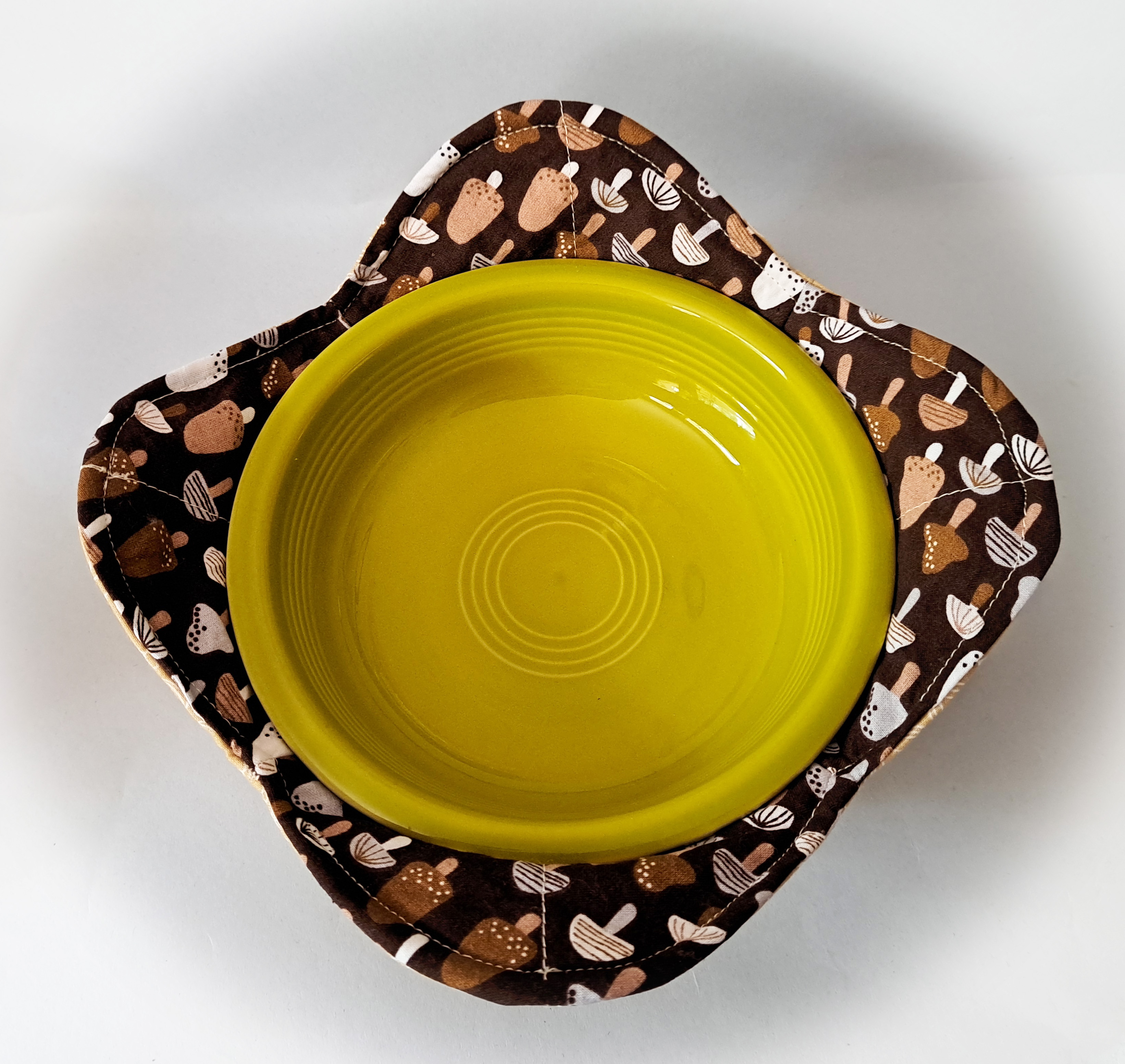 Handmade Reversible Microwave Set of 2 Bowl Cozies - Mushrooms Fabric Reverse to Leaf Fabric