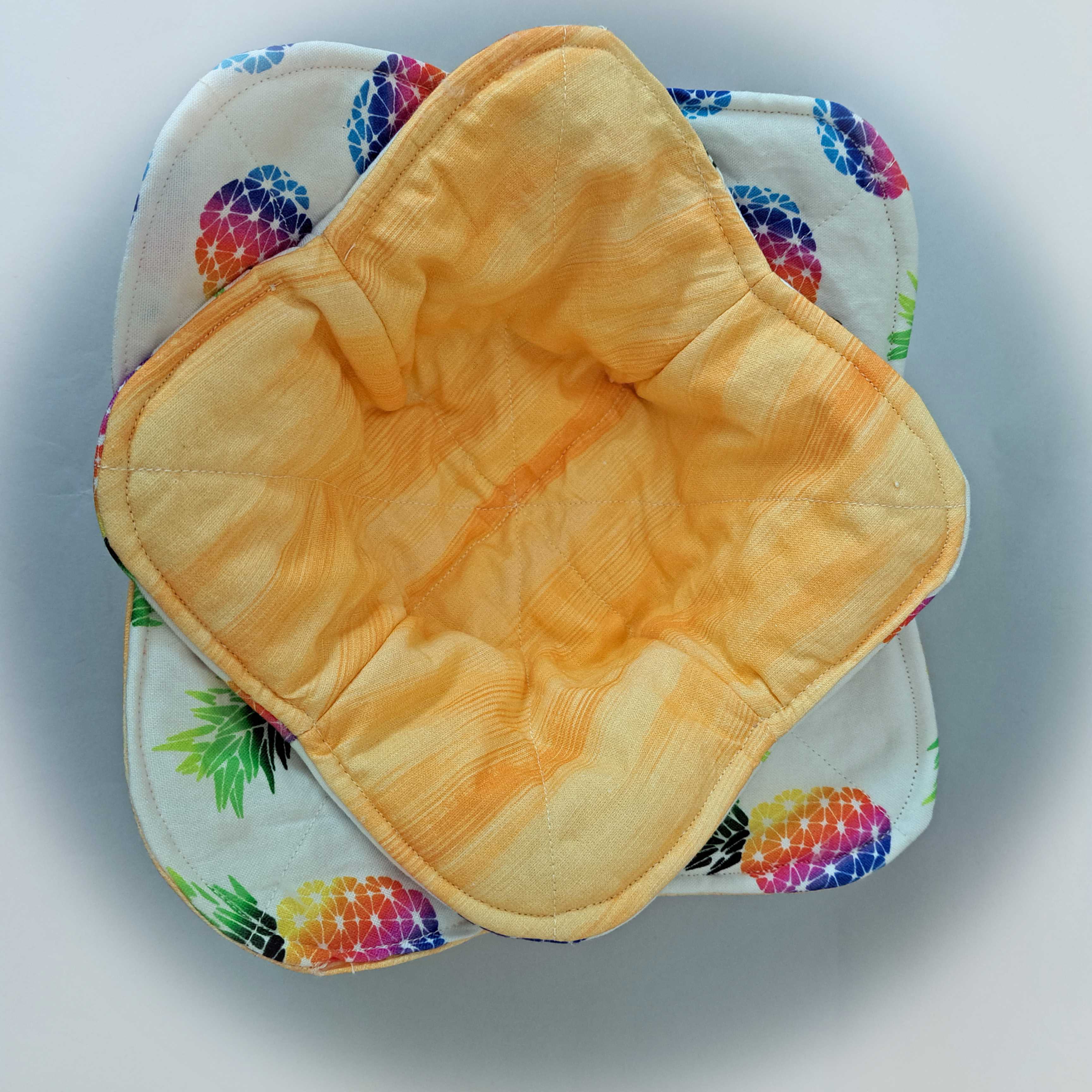 Handmade Reversible Microwave Set of 2 Bowl Cozies - Pineapple Fabric Reverses to Peach Fabric