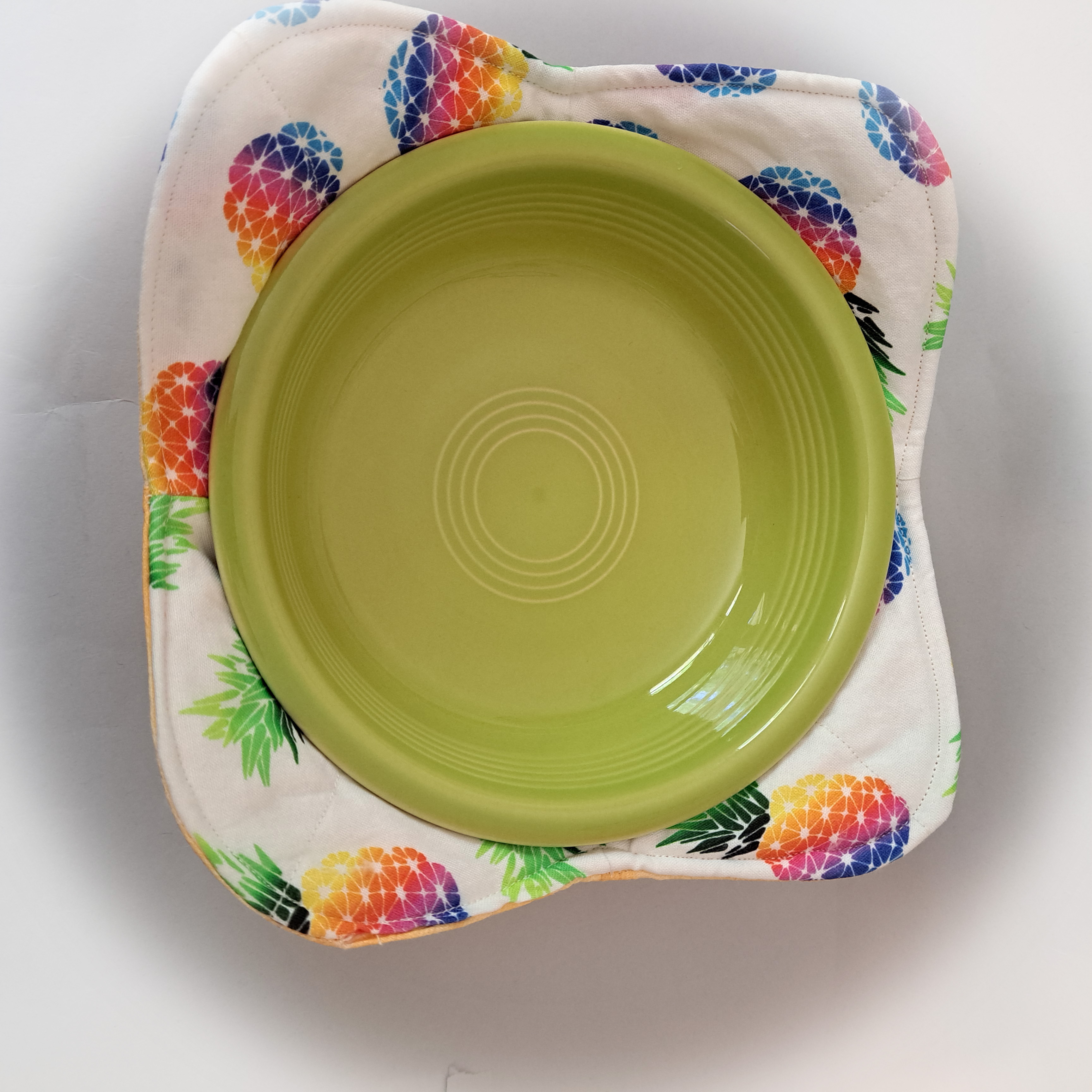 Handmade Reversible Microwave Set of 2 Bowl Cozies - Pineapple Fabric Reverses to Peach Fabric