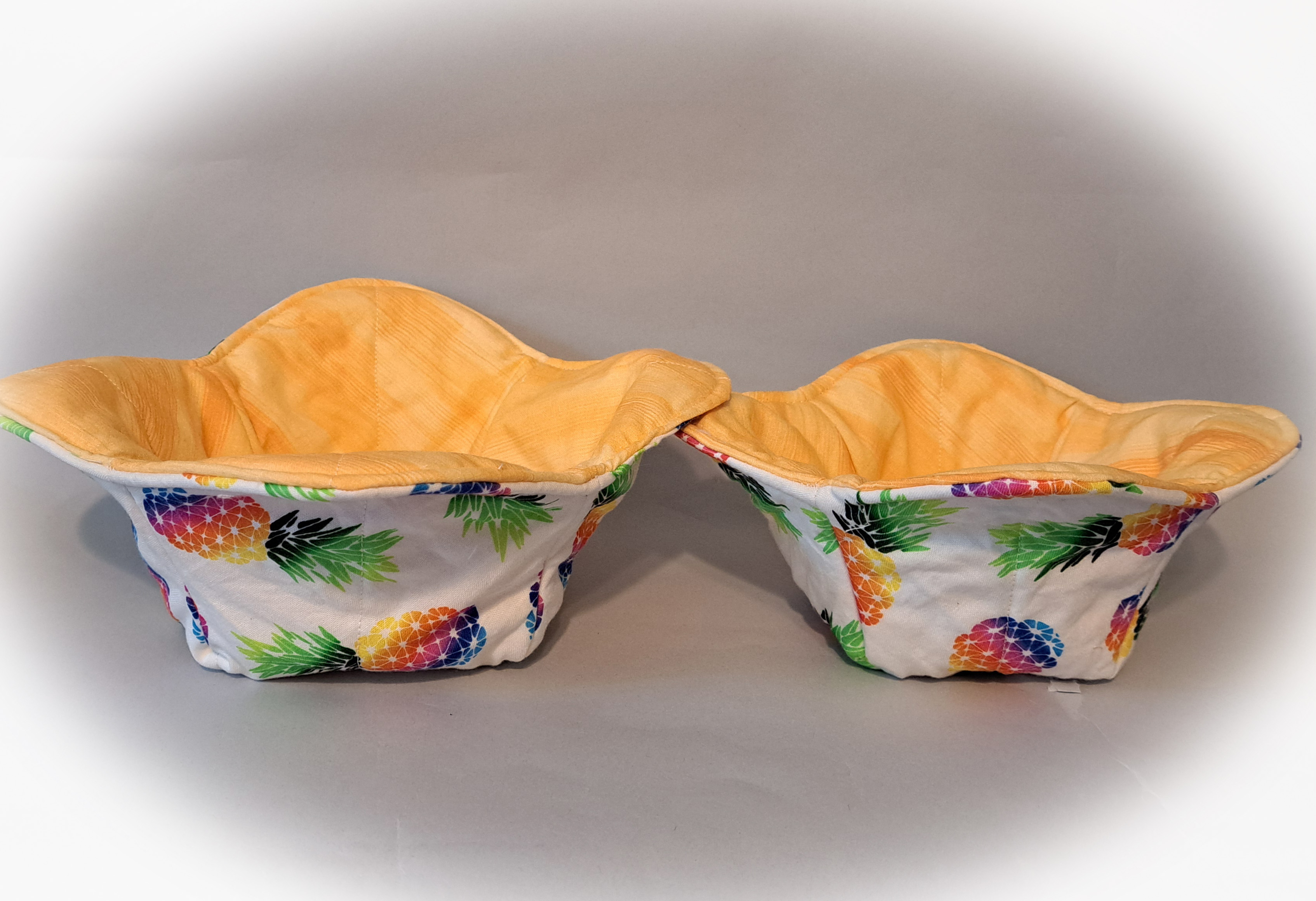Handmade Reversible Microwave Set of 2 Bowl Cozies - Pineapple Fabric Reverses to Peach Fabric