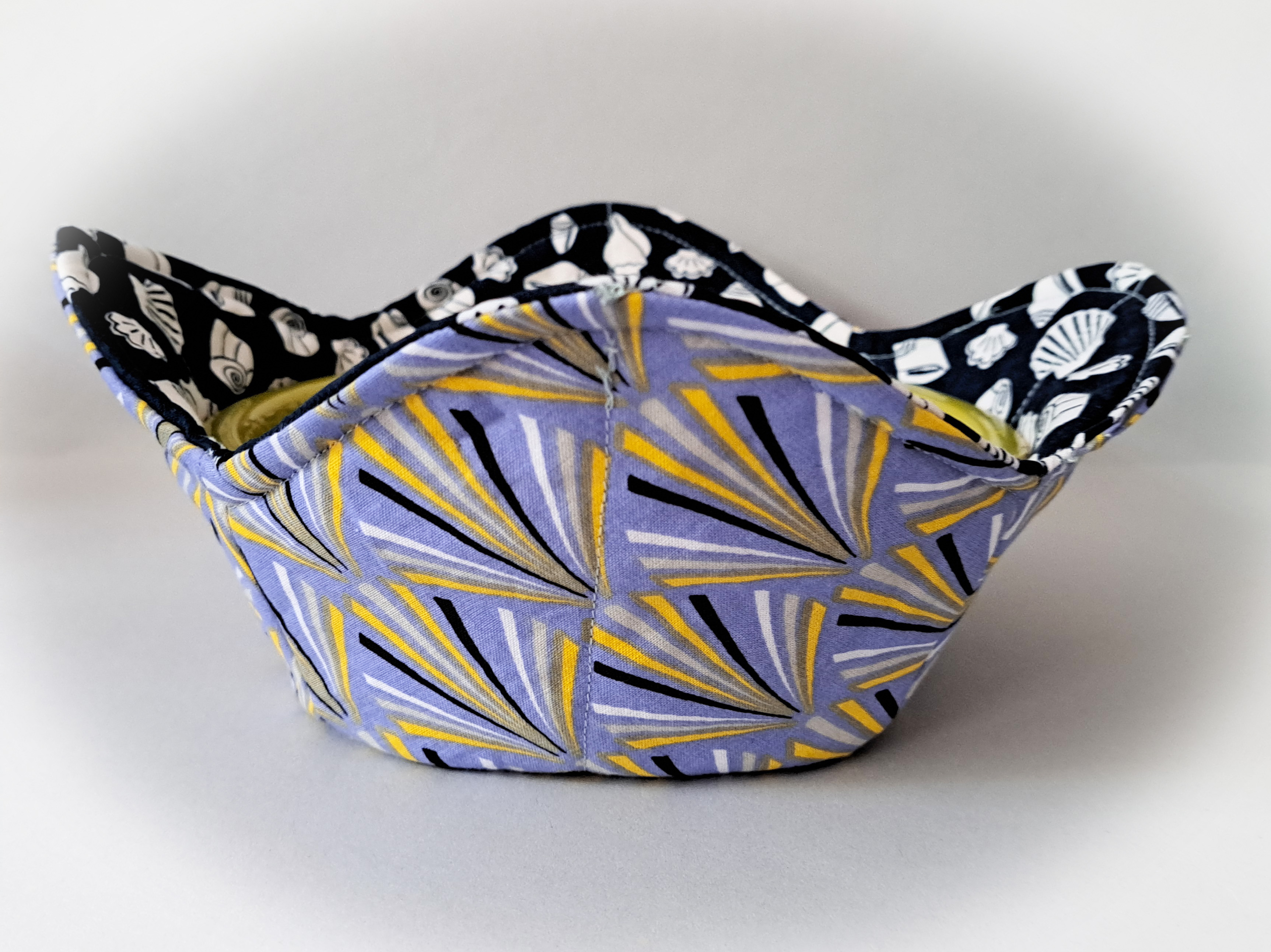 Handmade Reversible Microwave Set of 2 Bowl Cozies - Blue and White Seashells Reverses to Blue Diamond Fabric