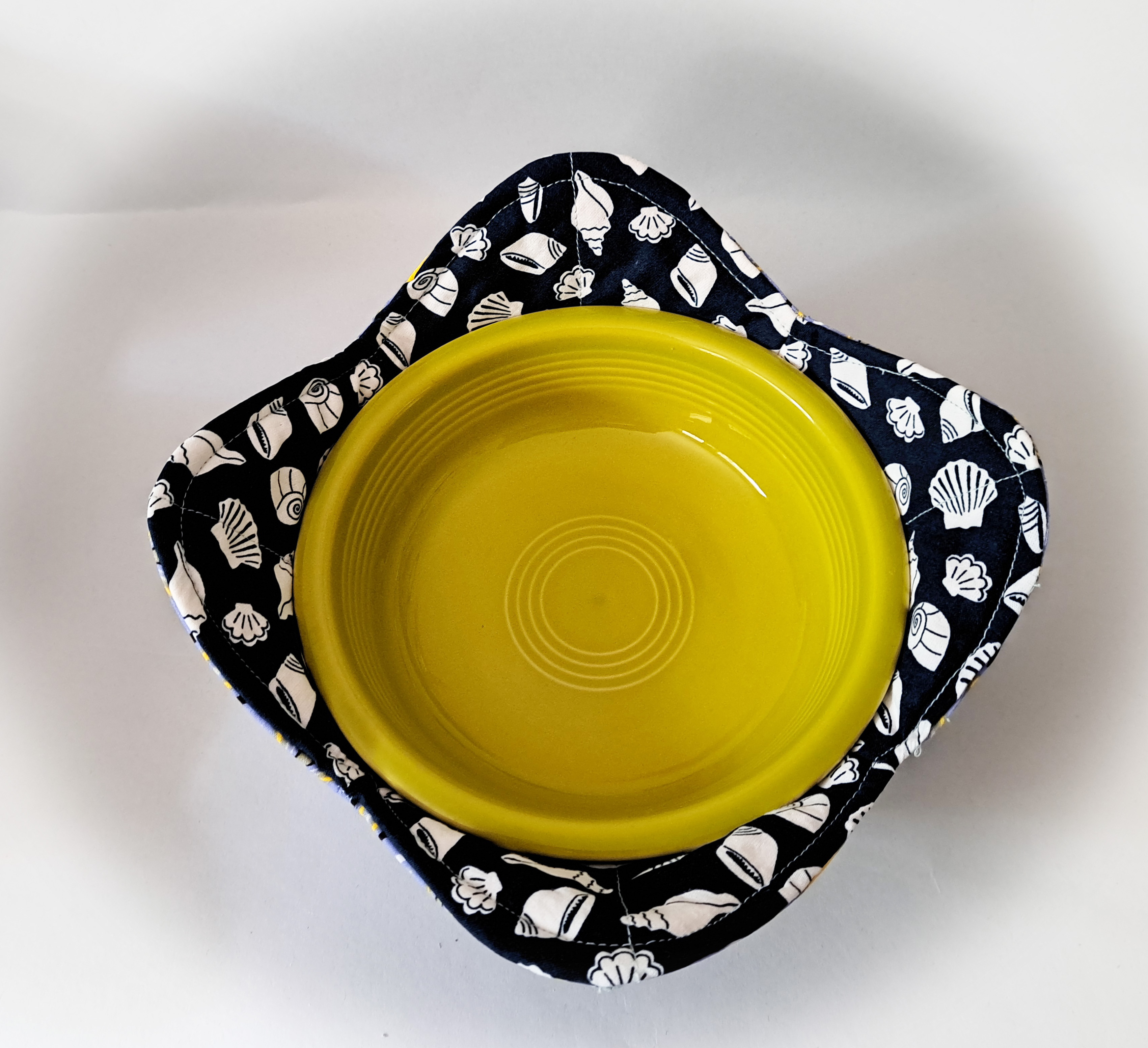 Handmade Reversible Microwave Set of 2 Bowl Cozies - Blue and White Seashells Reverses to Blue Diamond Fabric