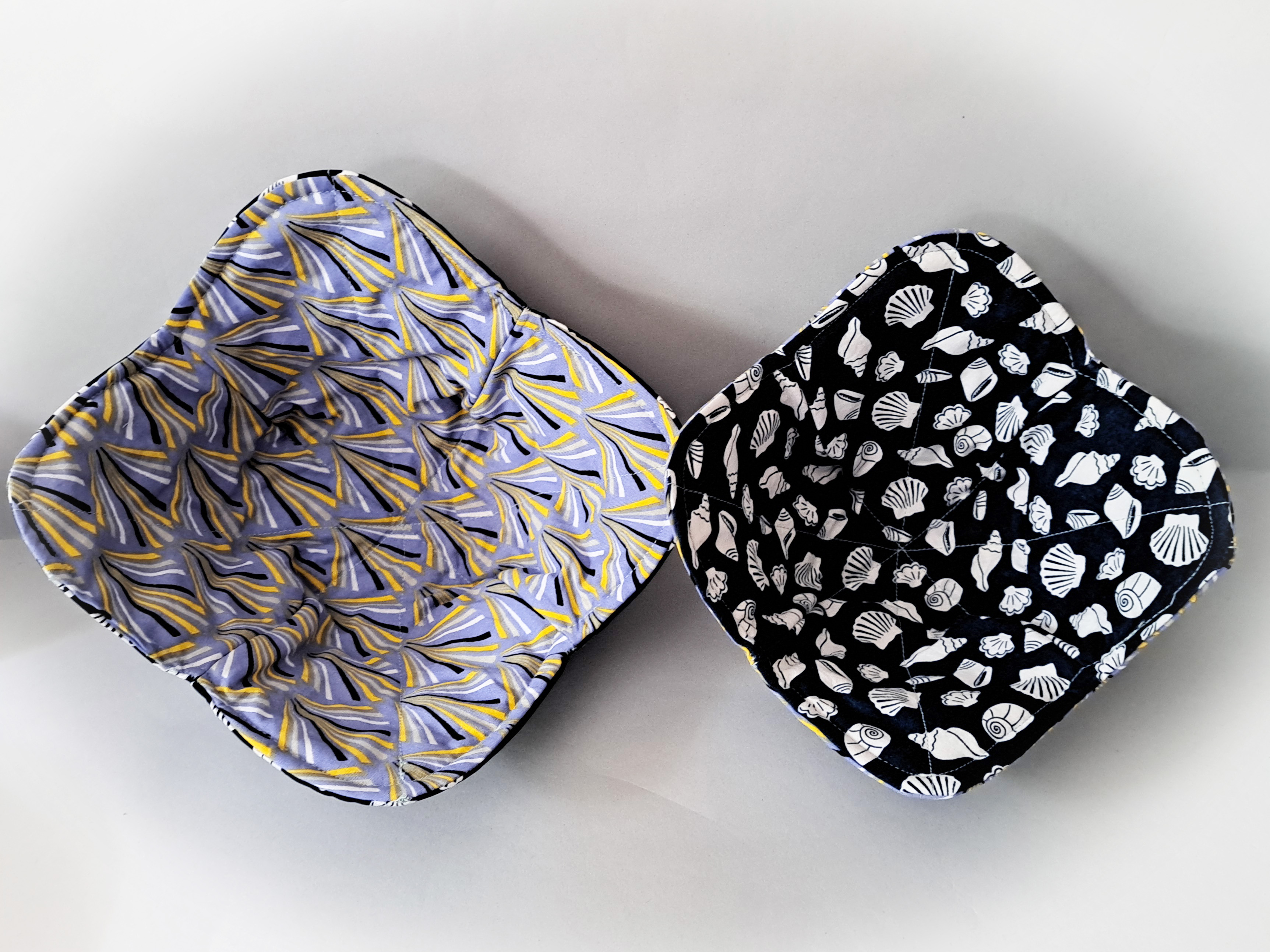 Handmade Reversible Microwave Set of 2 Bowl Cozies - Blue and White Seashells Reverses to Blue Diamond Fabric