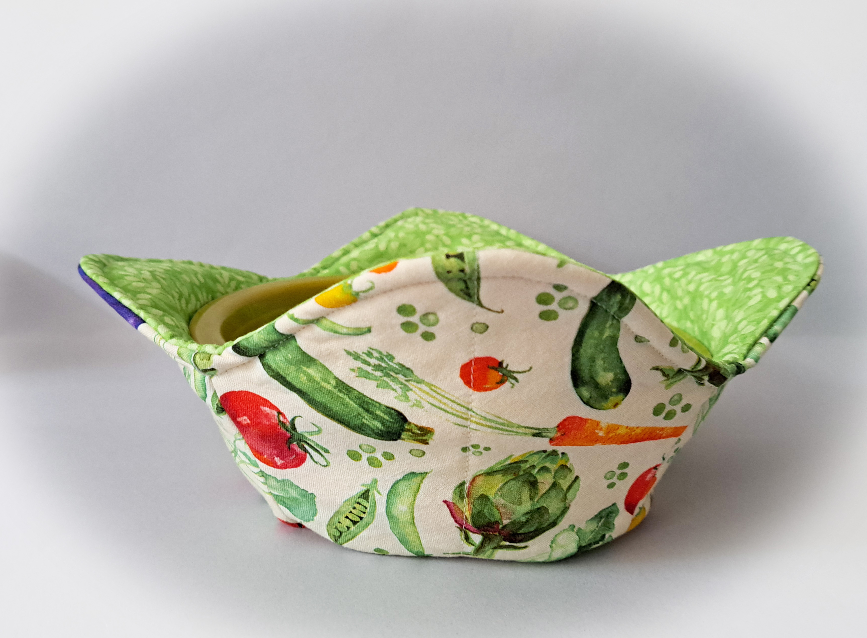 Handmade Microwave Set of 2 Bowl Cozies - Reversible Summer Vegetables Reverses to Green Leaf Fabric