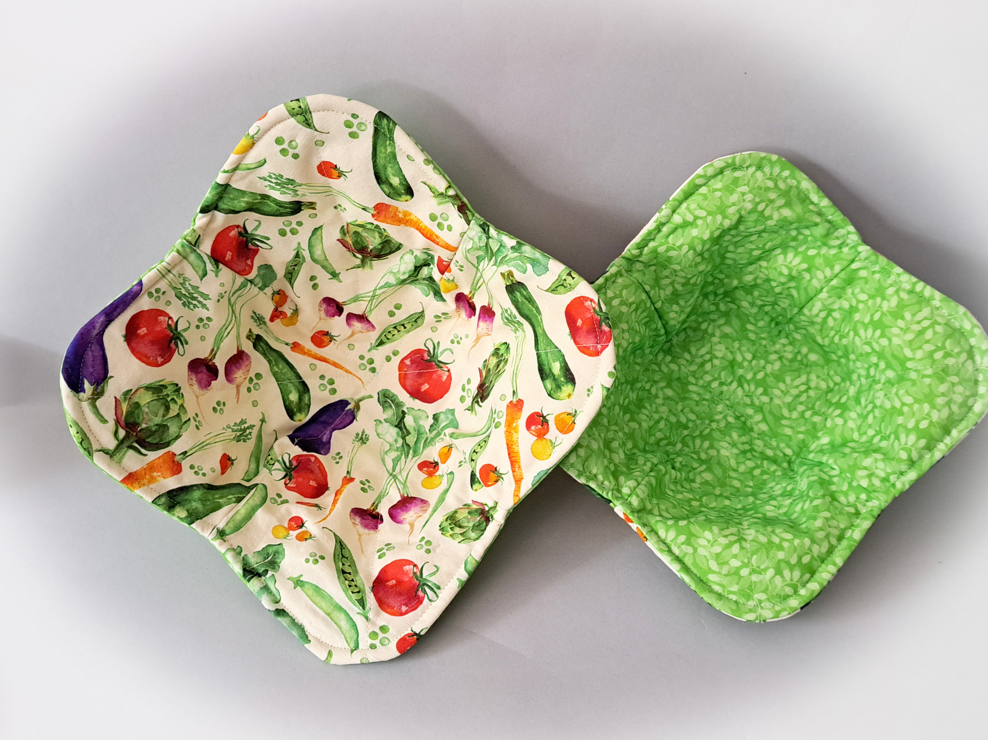Handmade Microwave Set of 2 Bowl Cozies - Reversible Summer Vegetables Reverses to Green Leaf Fabric
