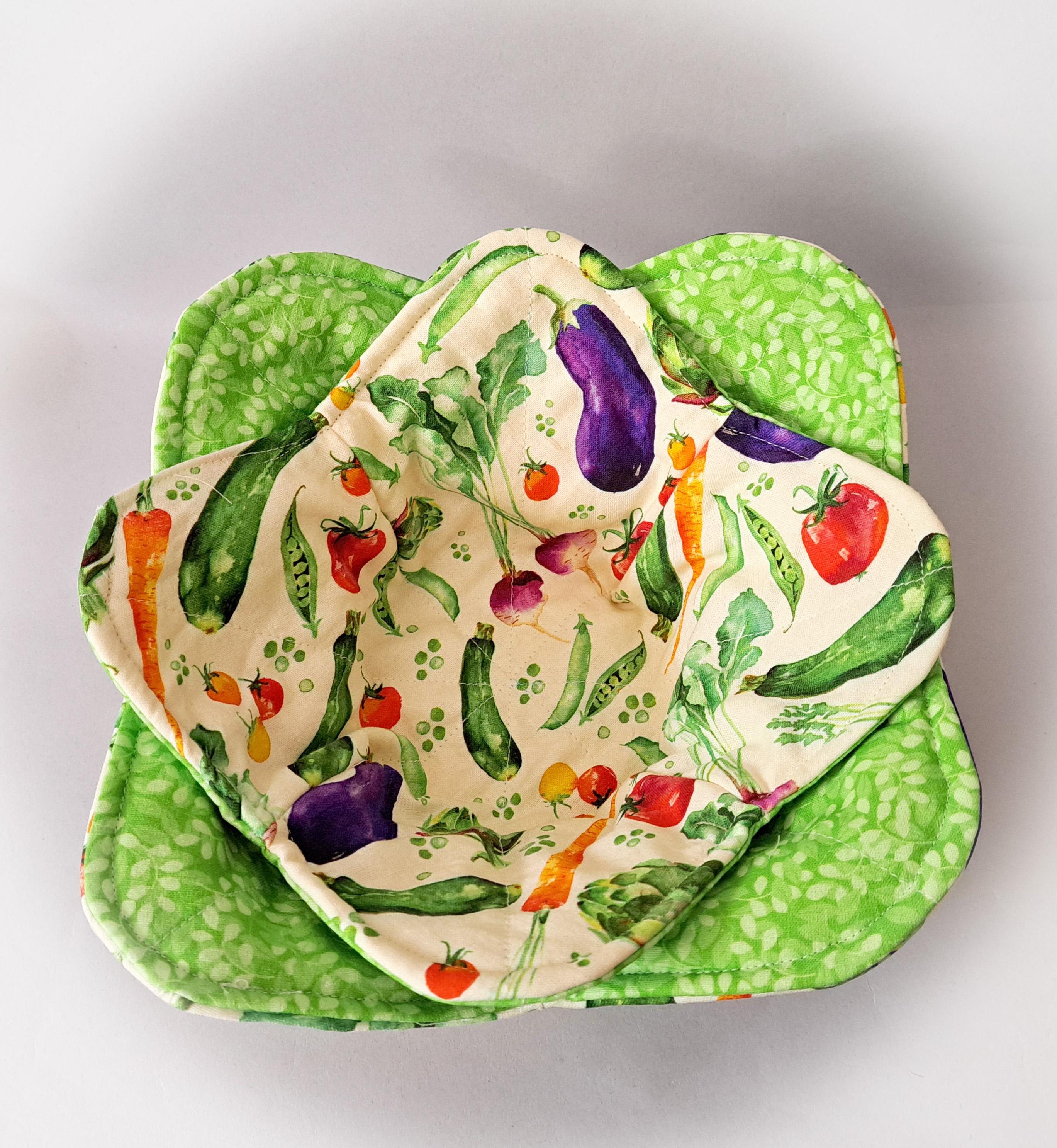 Handmade Microwave Set of 2 Bowl Cozies - Reversible Summer Vegetables Reverses to Green Leaf Fabric