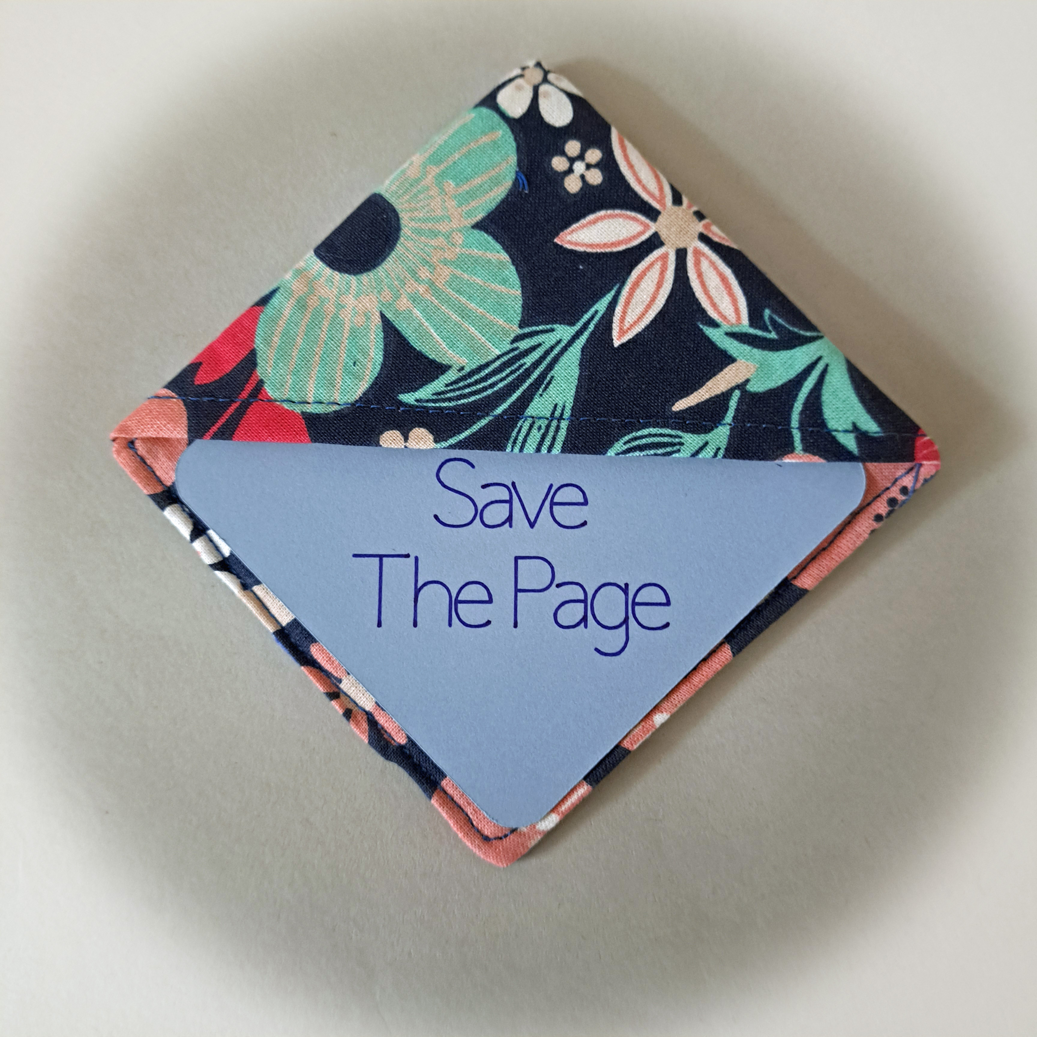 Handmade Fabric Corner Bookmark - Dark Blue Flowers Or Turquoise with White Dots Fabric