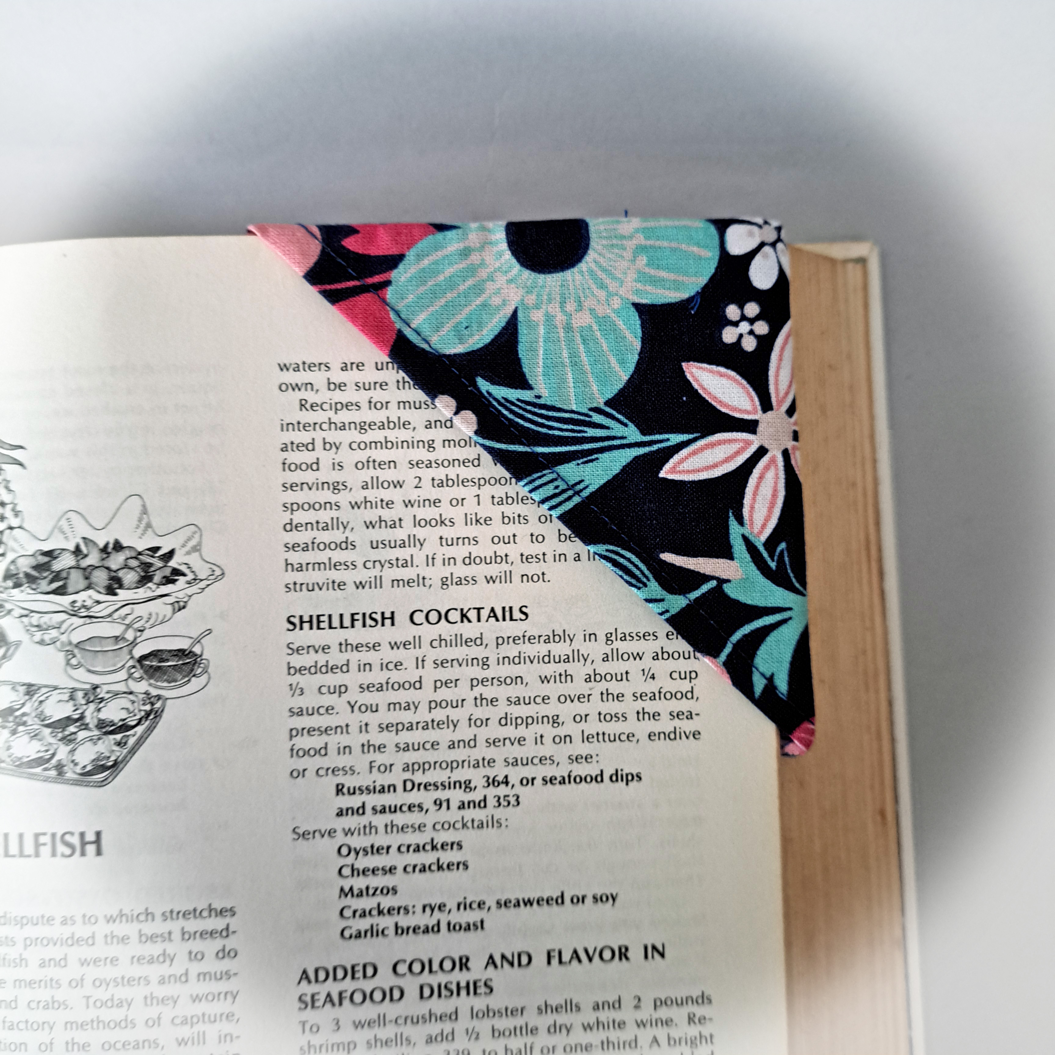 Handmade Fabric Corner Bookmark - Dark Blue Flowers Or Turquoise with White Dots Fabric