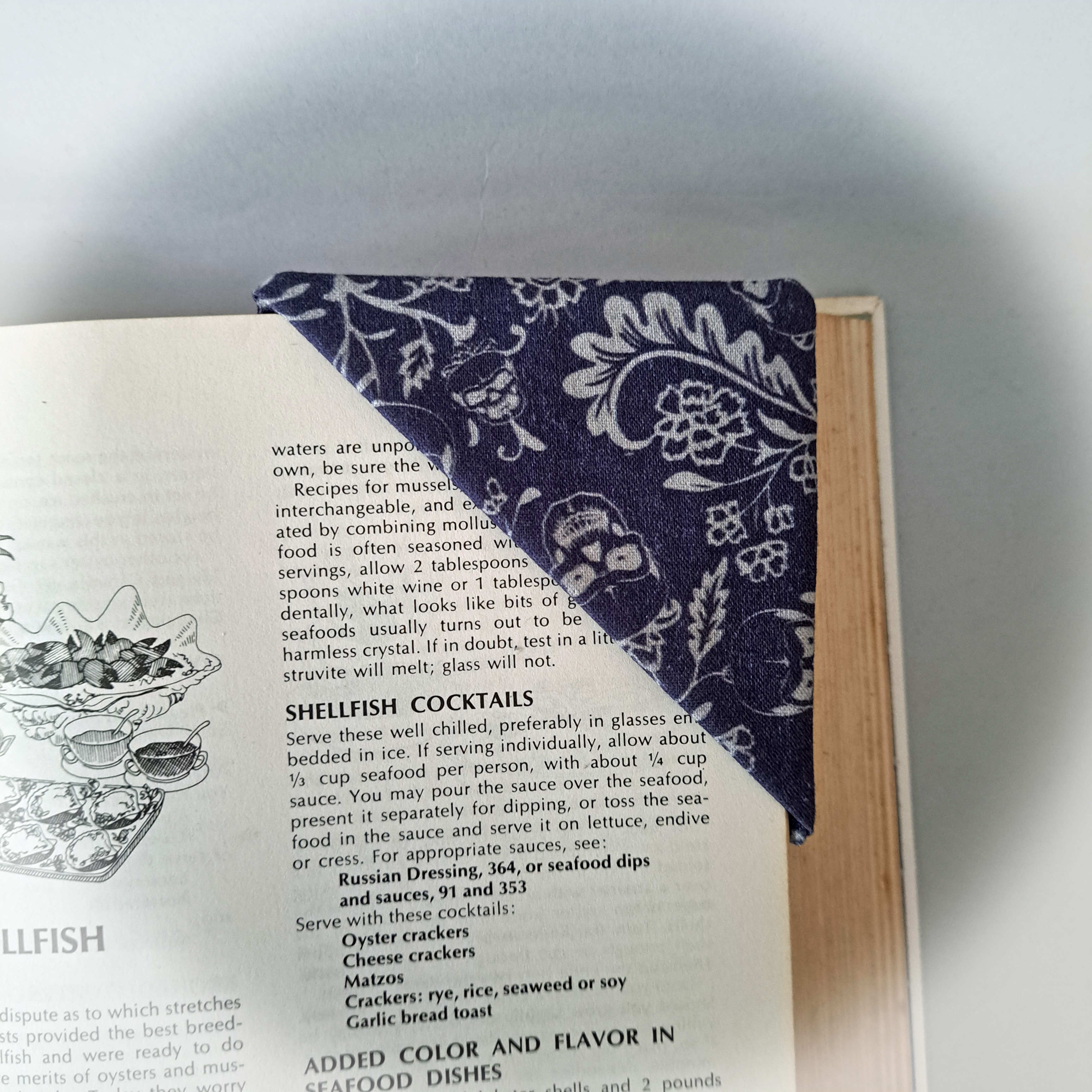 Handmade Fabric Corner Bookmark - Dark Blue Skulls or Gray Flower Fabric