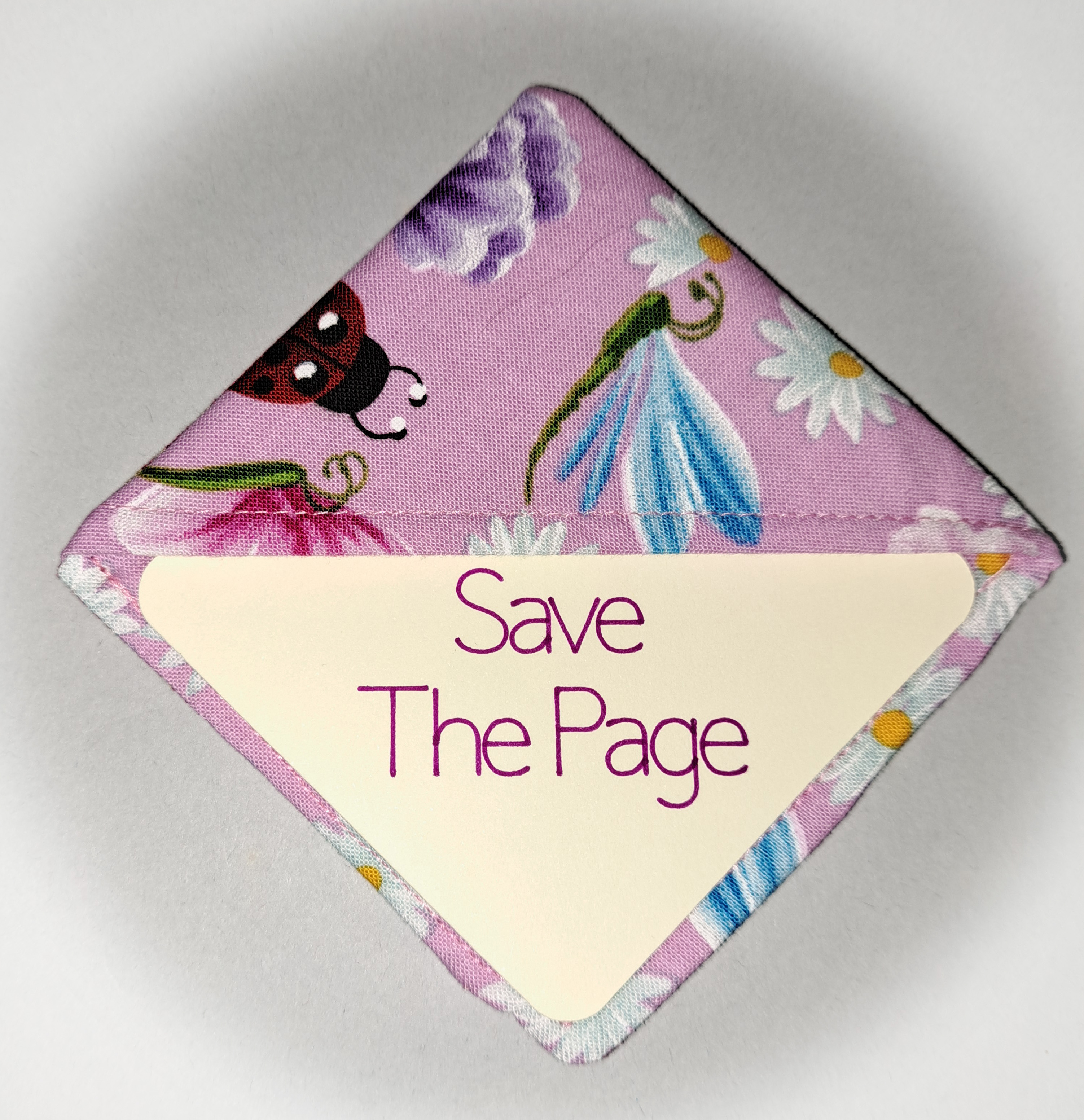 Handmade Fabric Corner Bookmark - Pink with Ladybugs